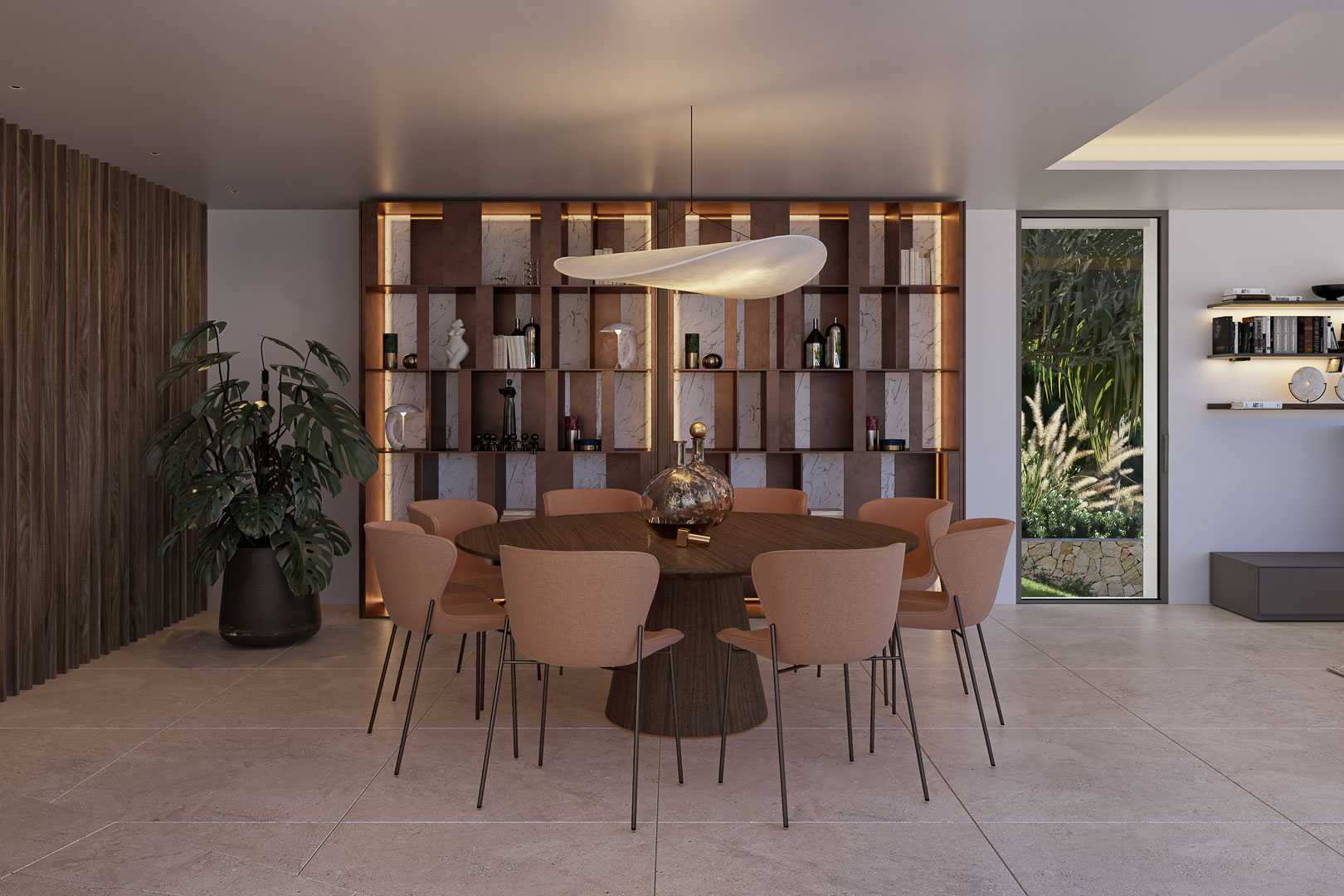 Salle à manger avec table ronde en bois, chaises en tissu et luminaire suspendu organique. Bibliothèque rétroéclairée en marbre et accès visuel au jardin méditerréen.