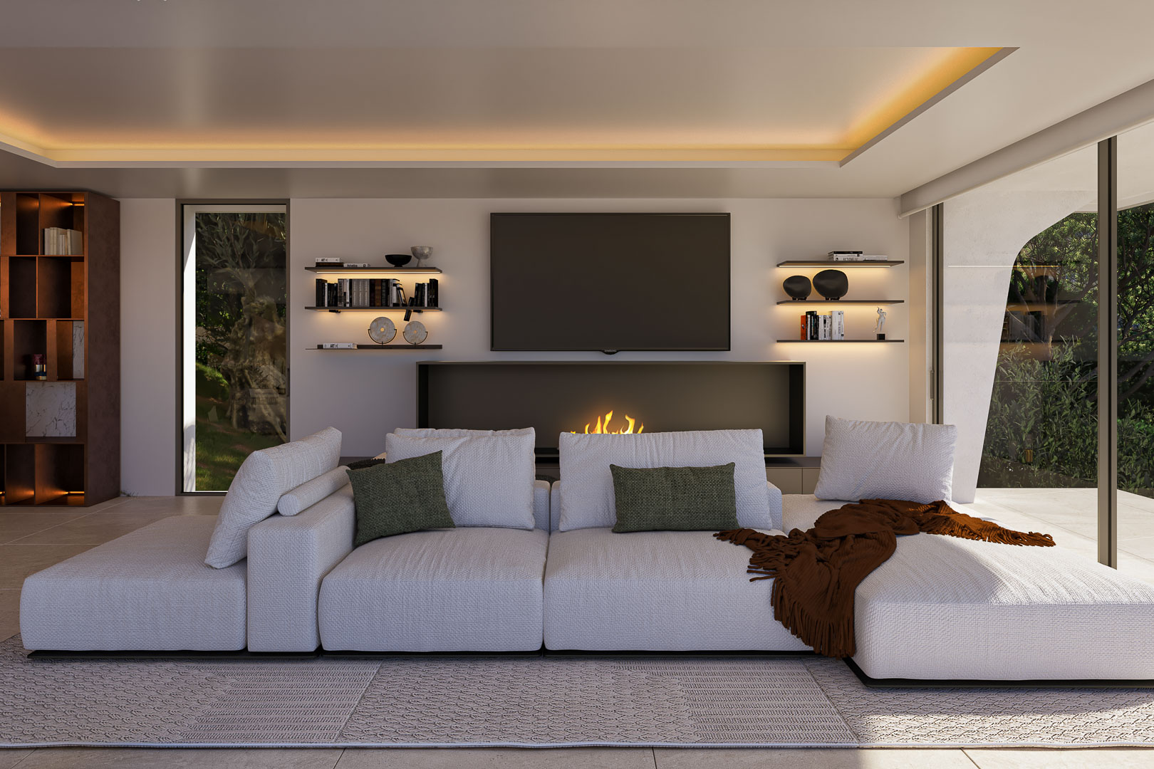 Salon moderne avec canapé modulaire blanc, cheminée linéaire intégrée et étagères rétroéclairées. De grandes baies vitrées s'ouvrent sur le jardin extérieur.