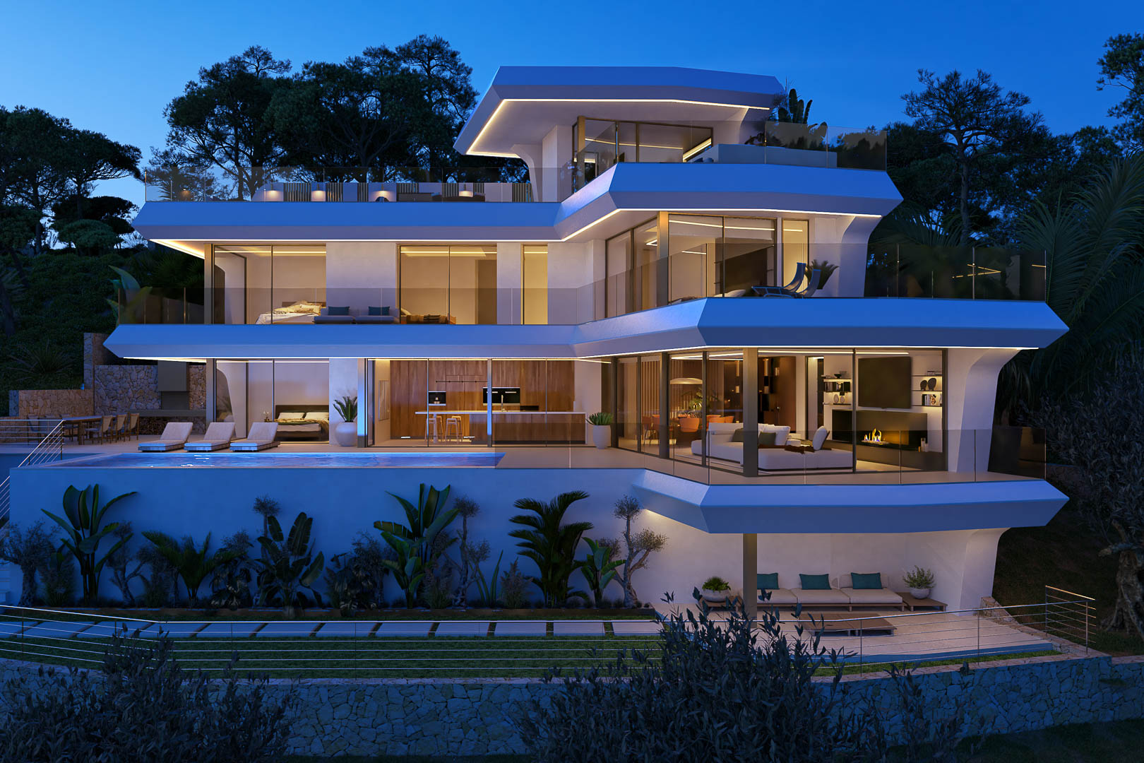 Villa contemporaine à plusieurs niveaux avec terrasses en porte-à-faux, éclairage LED linéaire, piscine à débordement et vastes parois vitrées révélant le design intérieur.