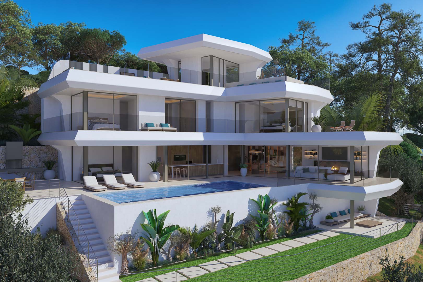 Villa moderne sur trois niveaux avec façades vitrées, piscine à débordement et terrasses en cascade au cœur d'un jardin méditerranéen avec murs en pierre.