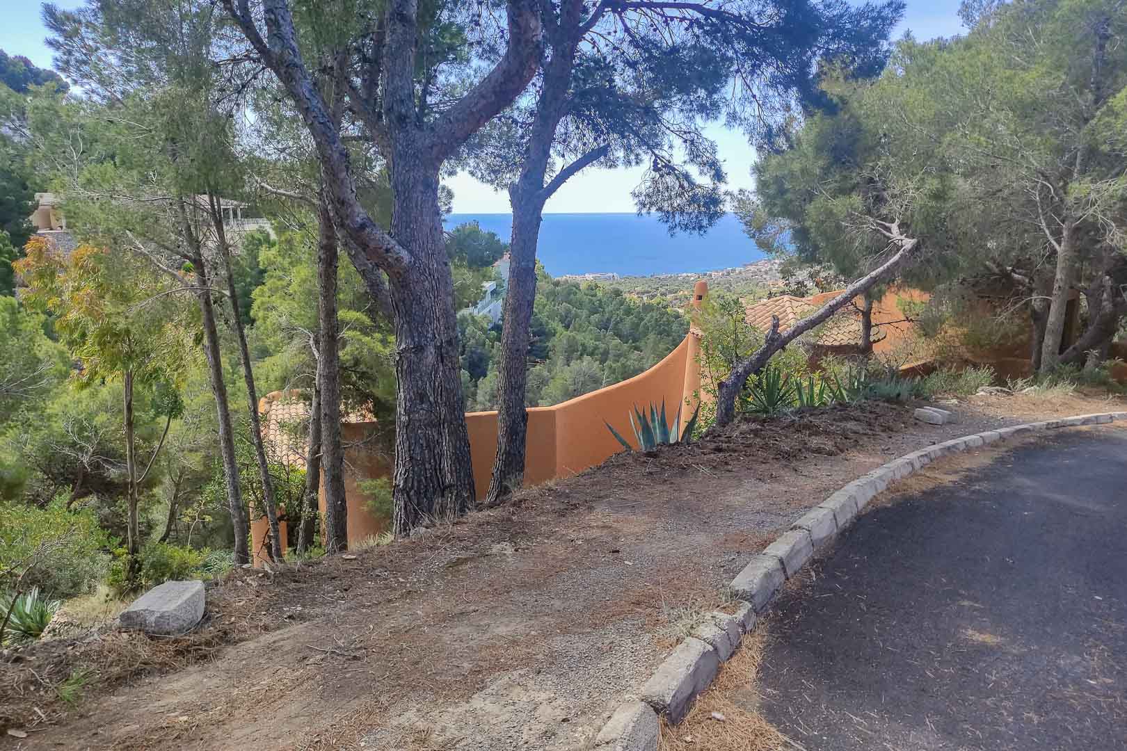 Vues panoramiques sur la mer Méditerranée depuis l'accès surélevé du terrain, entouré de pins matures et d'une végétation locale préservée.
