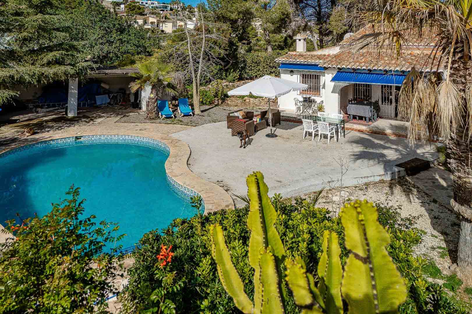 Extérieur méditerranéen avec piscine de forme libre, grande terrasse dallée comprenant un coin repas et salon, et façade blanche avec stores bleus et toit en tuiles.