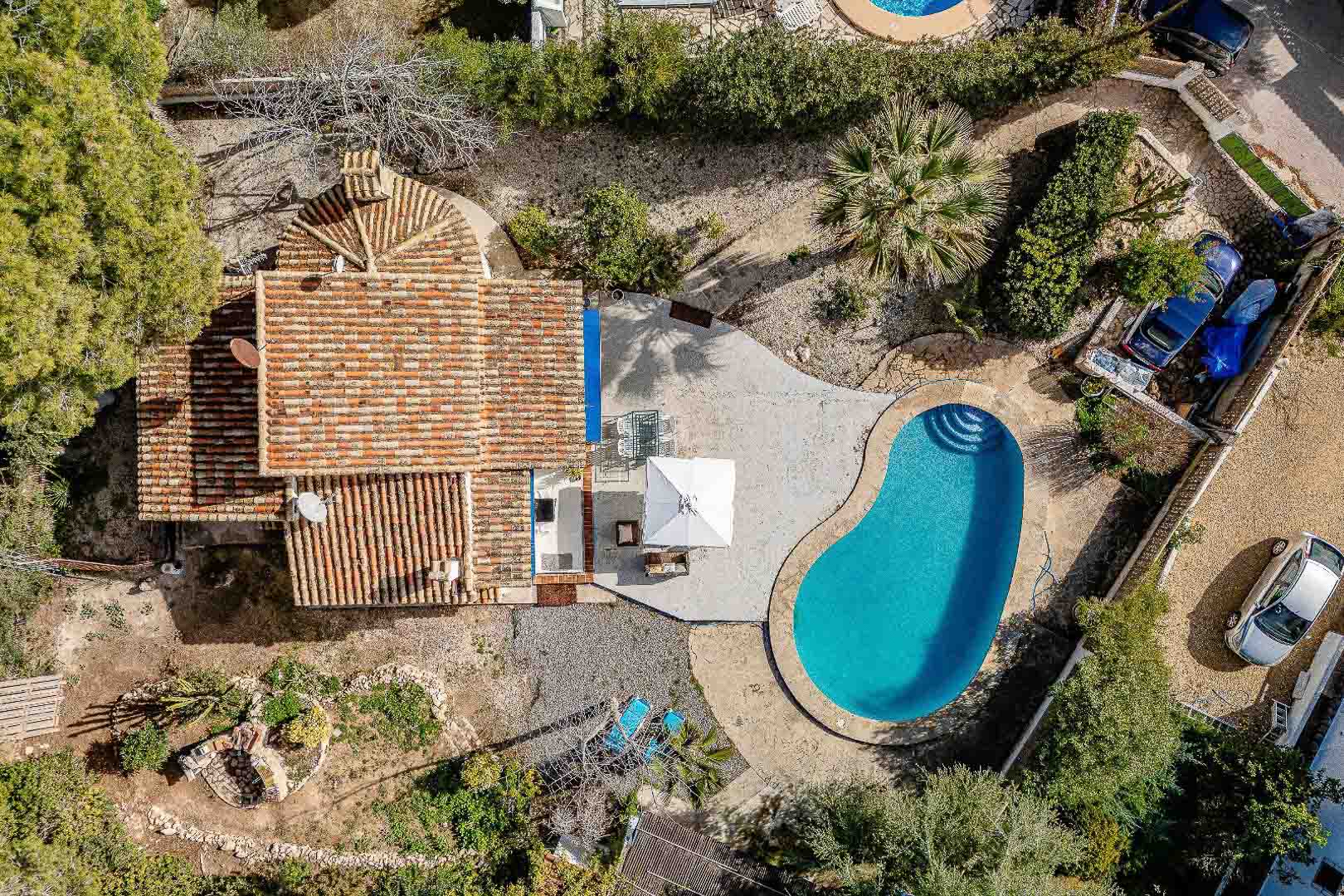 Vue aérienne de la propriété révélant la piscine de forme libre, la terrasse en pierre et la toiture traditionnelle sur une parcelle arborée.