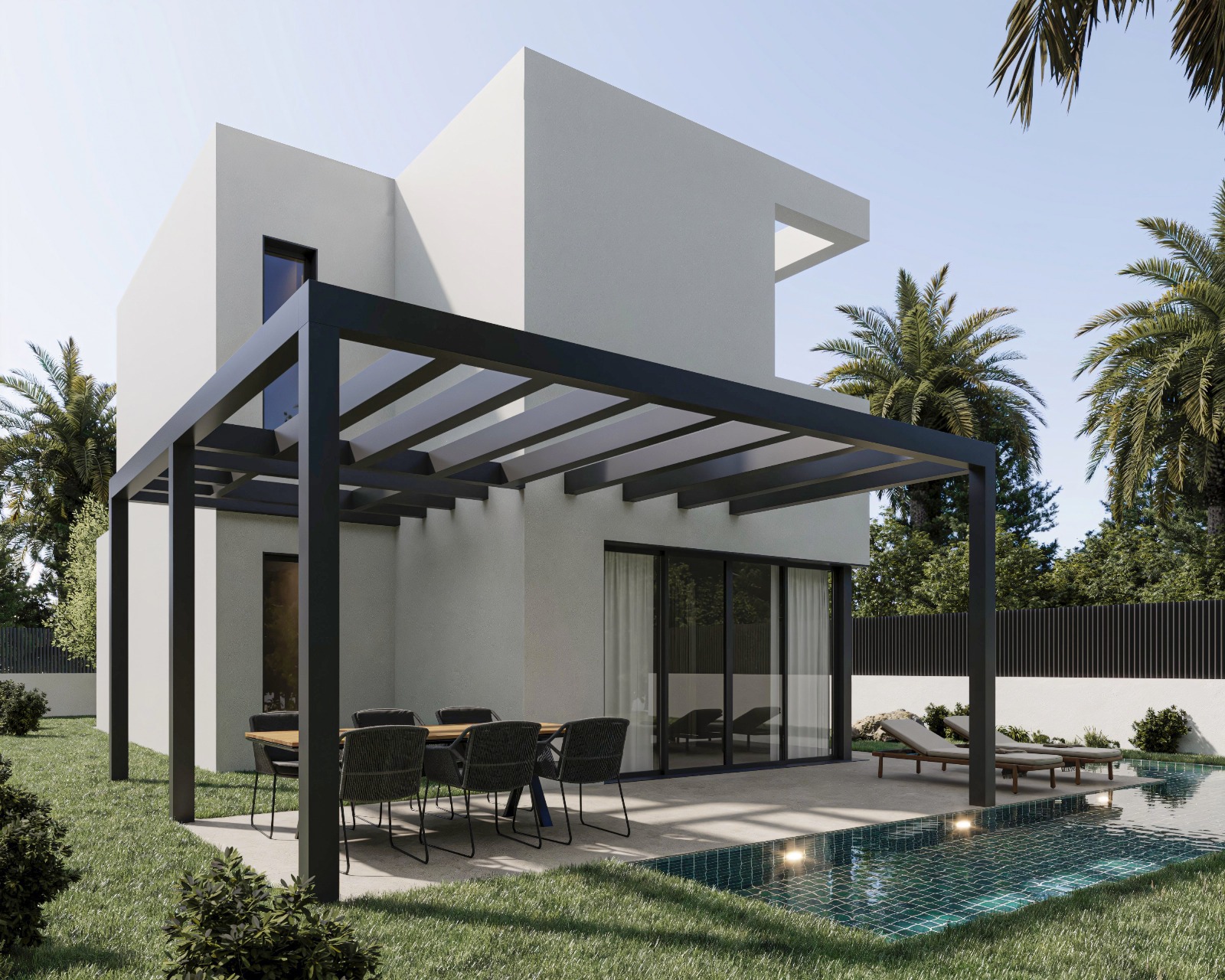 Extérieur de villa moderne avec pergola métallique noire, espace repas en plein air et piscine privée entourée d'un jardin paysager avec palmiers.