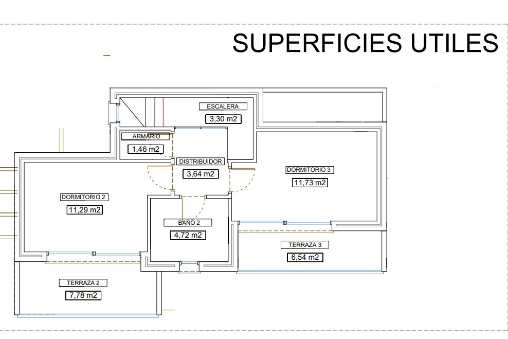 Plan de l'étage supérieur présentant deux chambres doubles avec terrasses privées, une salle de bain commune et le détail des surfaces utiles par pièce.