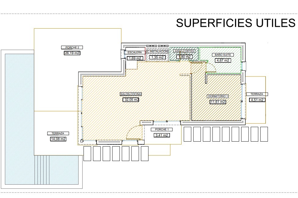 Plan détaillé du rez-de-chaussée présentant le salon-cuisine ouvert, une chambre avec salle de bain privée, ainsi que les vastes espaces extérieurs de porches et terrasses.
