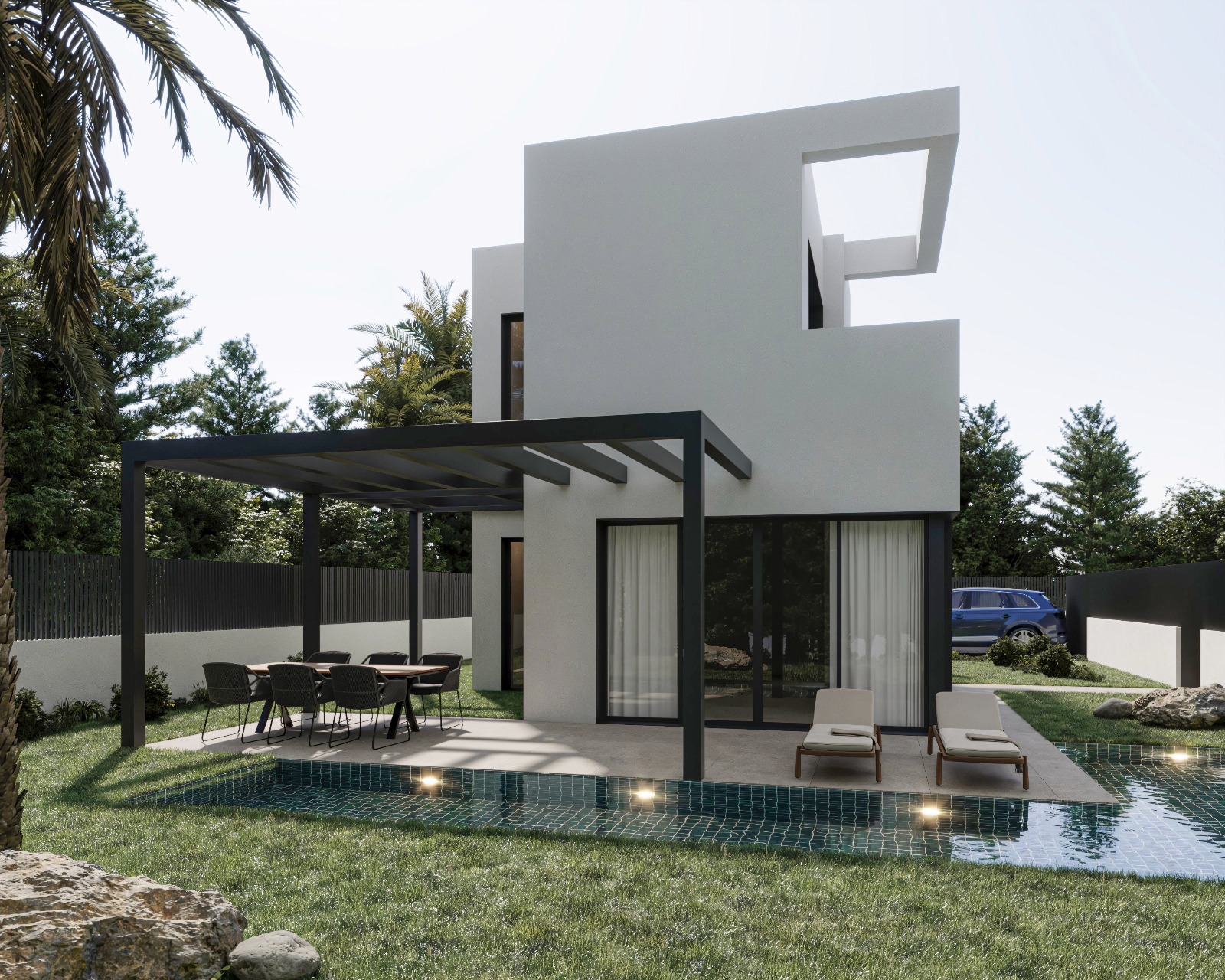 Villa moderne de deux étages avec façade blanche, pergola noire sur l'espace repas extérieur et piscine privée avec éclairage intégré et mosaïque turquoise.