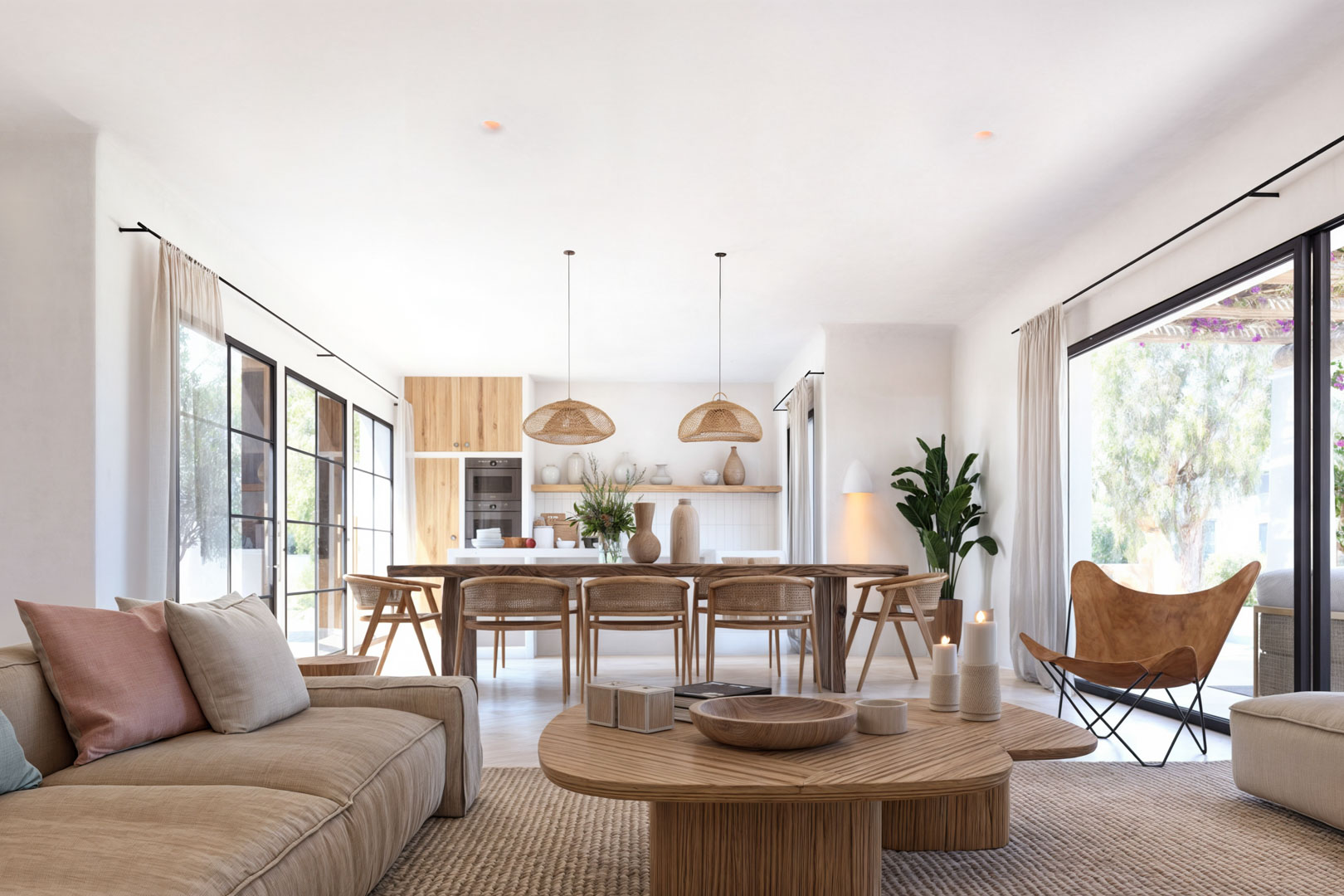Salon-salle à manger lumineux avec mobilier en bois clair et touches de design naturel.