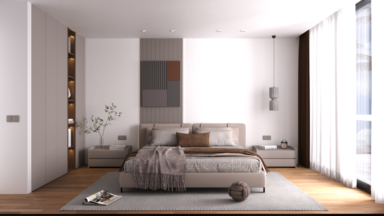 Chambre contemporaine avec parquet, panneau mural texturé et placards intégrés avec éclairage LED, complétée par de larges baies vitrées.
