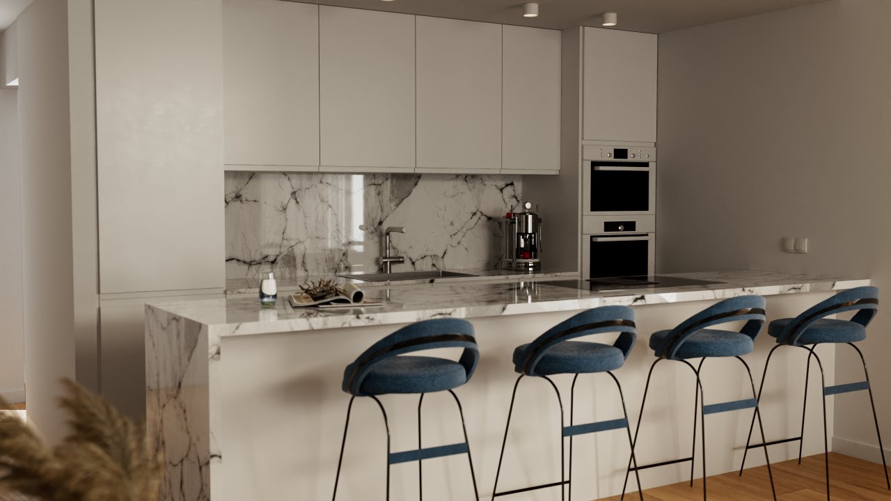 Cuisine moderne avec îlot en granit veiné, plaques à induction et fours encastrés. Quatre tabourets design bleus complètent cet espace fonctionnel aux finitions élégantes.