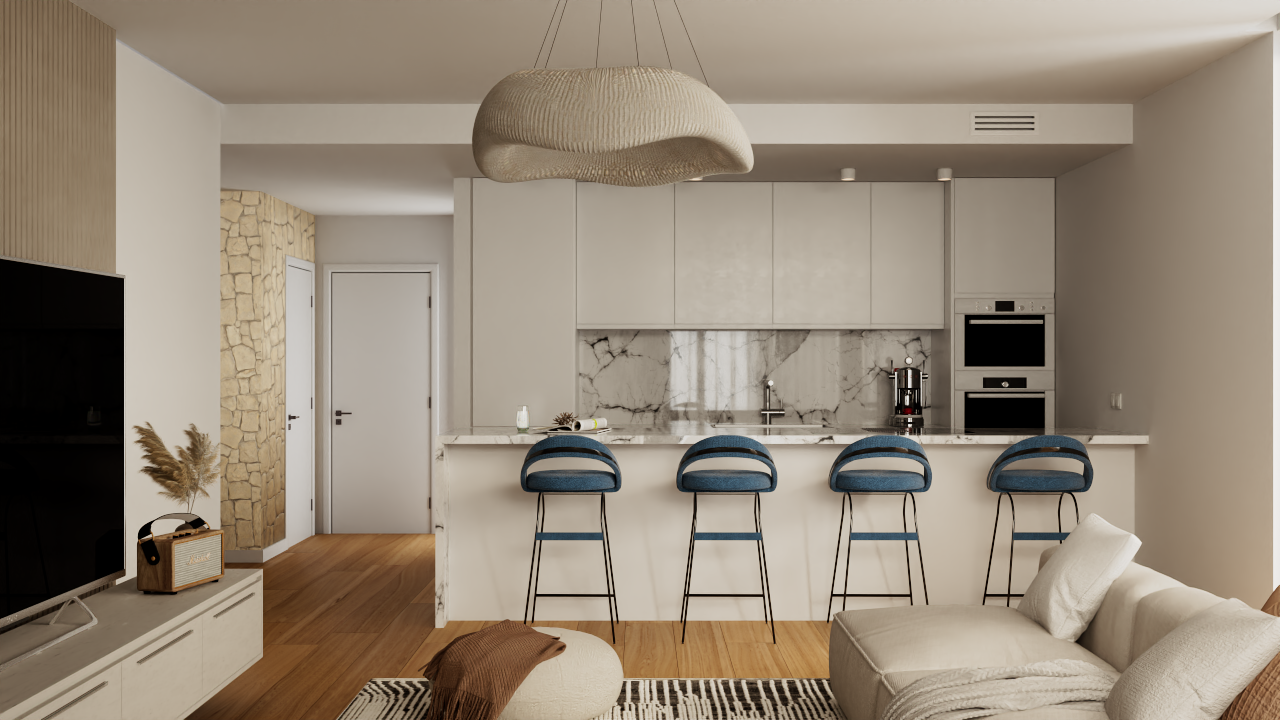 Cuisine ouverte moderne avec îlot en marbre, tabourets bleus et électroménager intégré, offrant une transition fluide vers un salon aux sols en bois.