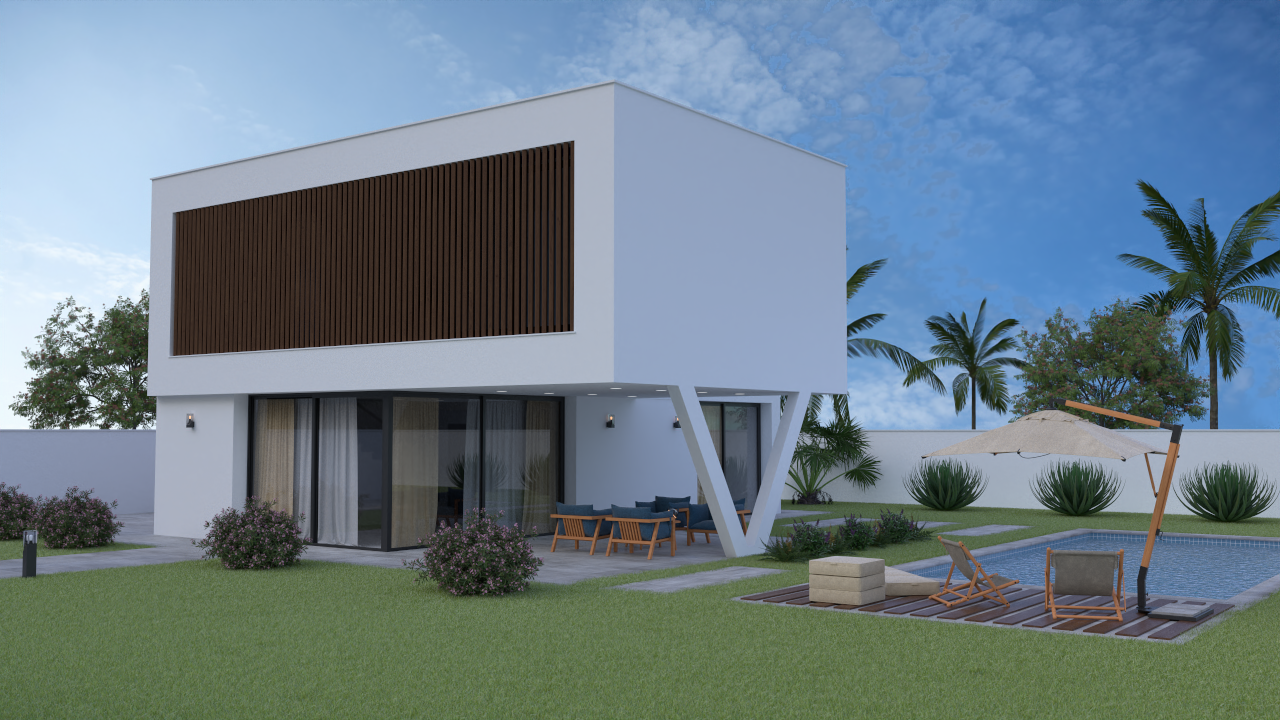 Extérieur de villa moderne avec façade blanche, persiennes en bois et terrasse couverte. Comprend une piscine privée, un espace détente et un jardin avec palmiers.