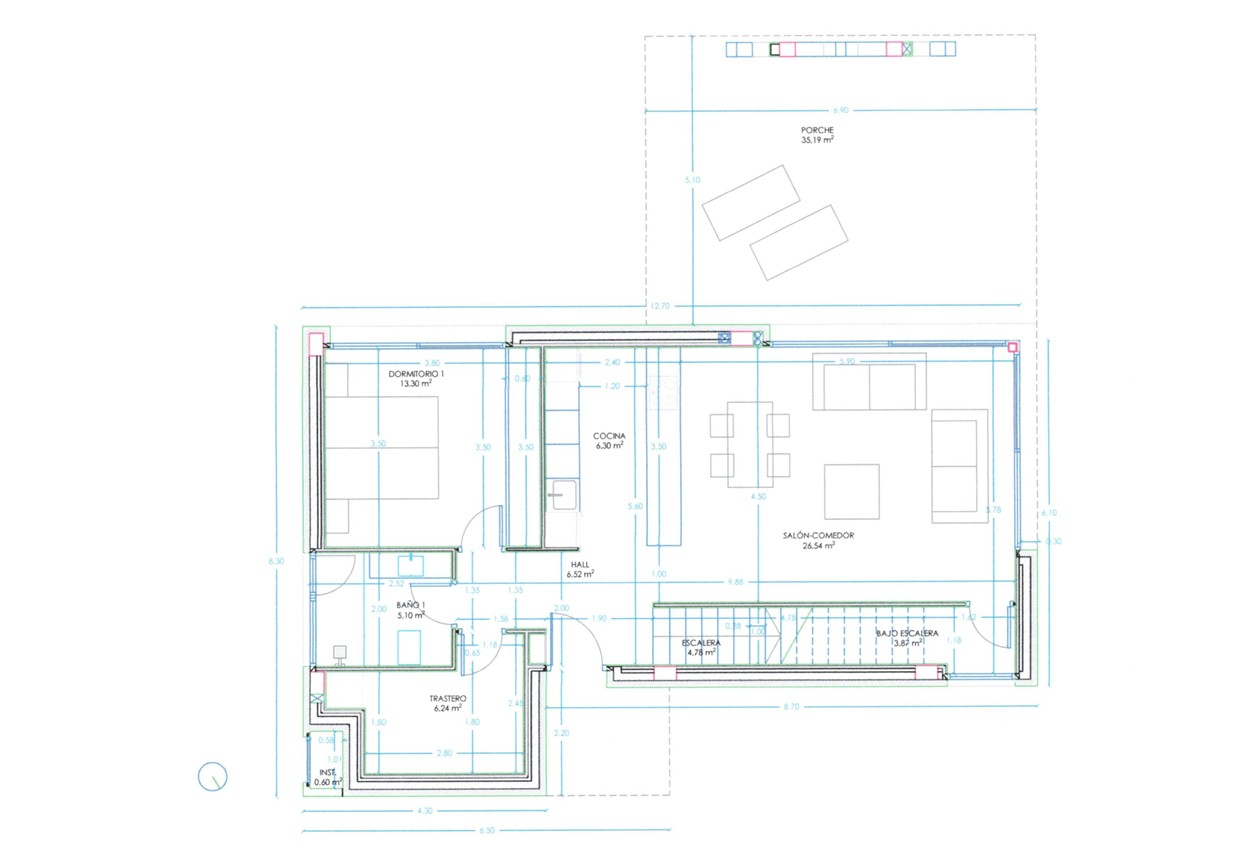 Plan détaillé du rez-de-chaussée comprenant un salon-salle à manger de 26 m², une cuisine ouverte, une chambre avec salle de bain attenante et un grand porche de 35 m².