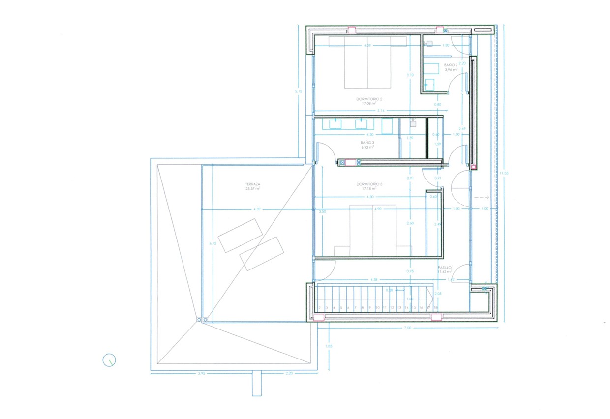 Plan technique de l'étage du Modèle C, présentant deux chambres avec salles de bains attenantes et une terrasse de 25,57 m².