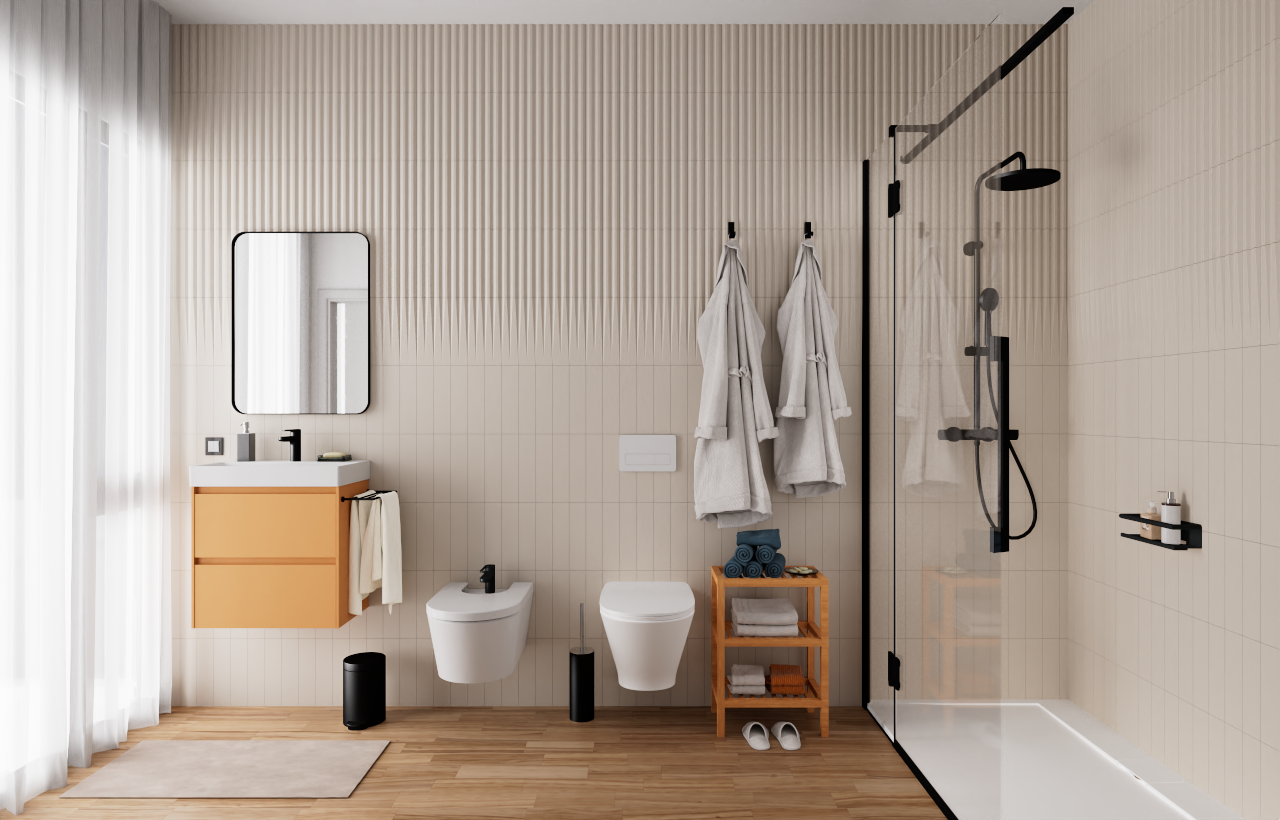 Salle de bain moderne avec douche à l'italienne, robinetterie noire et sanitaires suspendus. Le mur présente un carrelage texturé vertical complété par un meuble sous vasque en bois.
