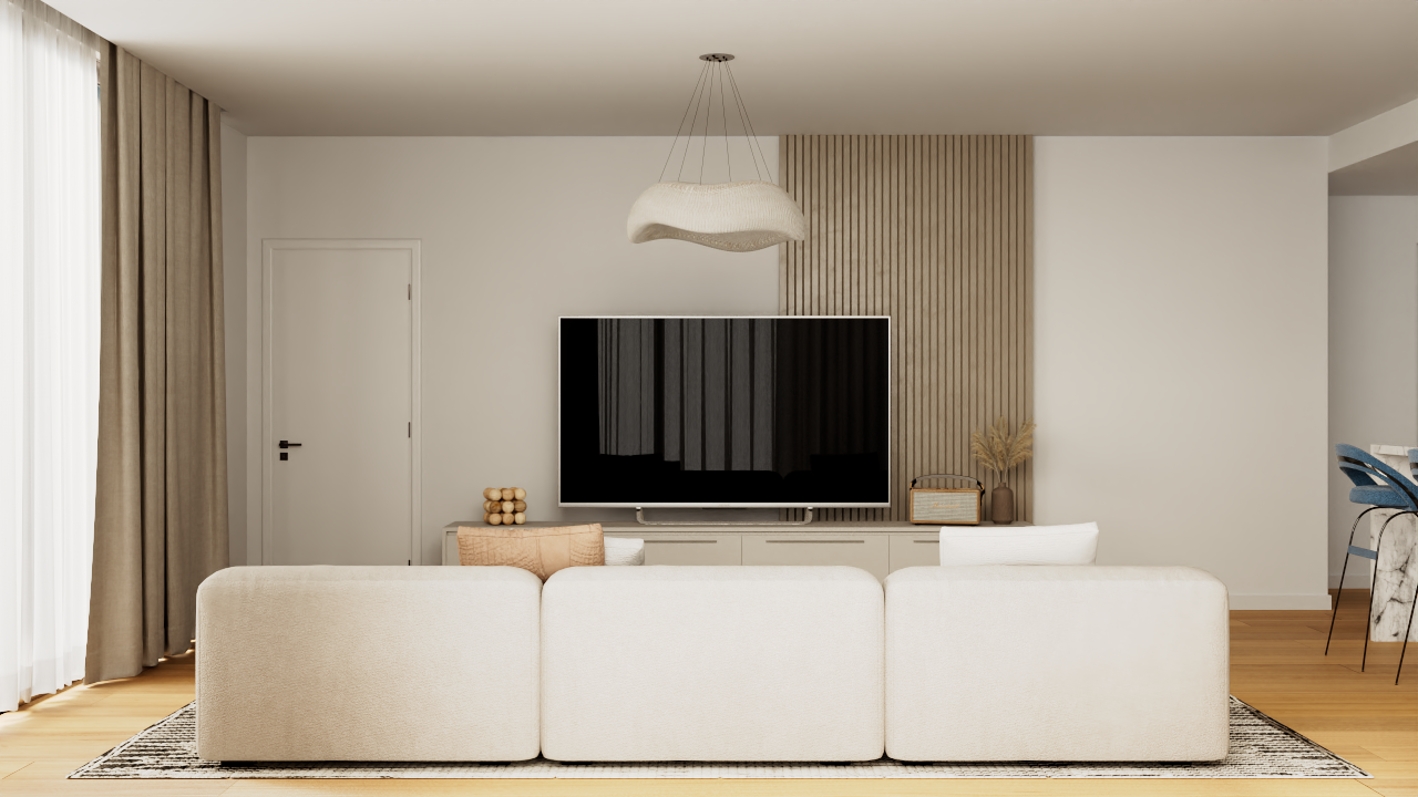 Salon contemporain avec canapé modulaire blanc, panneau mural en tasseaux de bois et parquet. Un luminaire design complète cet espace de vie épuré.