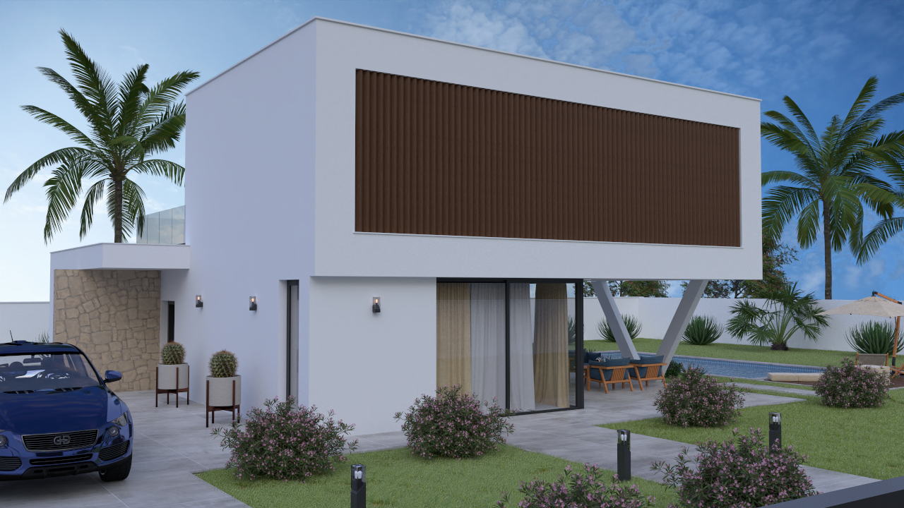 Villa moderne sur deux niveaux avec façade blanche, persiennes brunes et étage en porte-à-faux donnant sur la terrasse et la piscine privée.