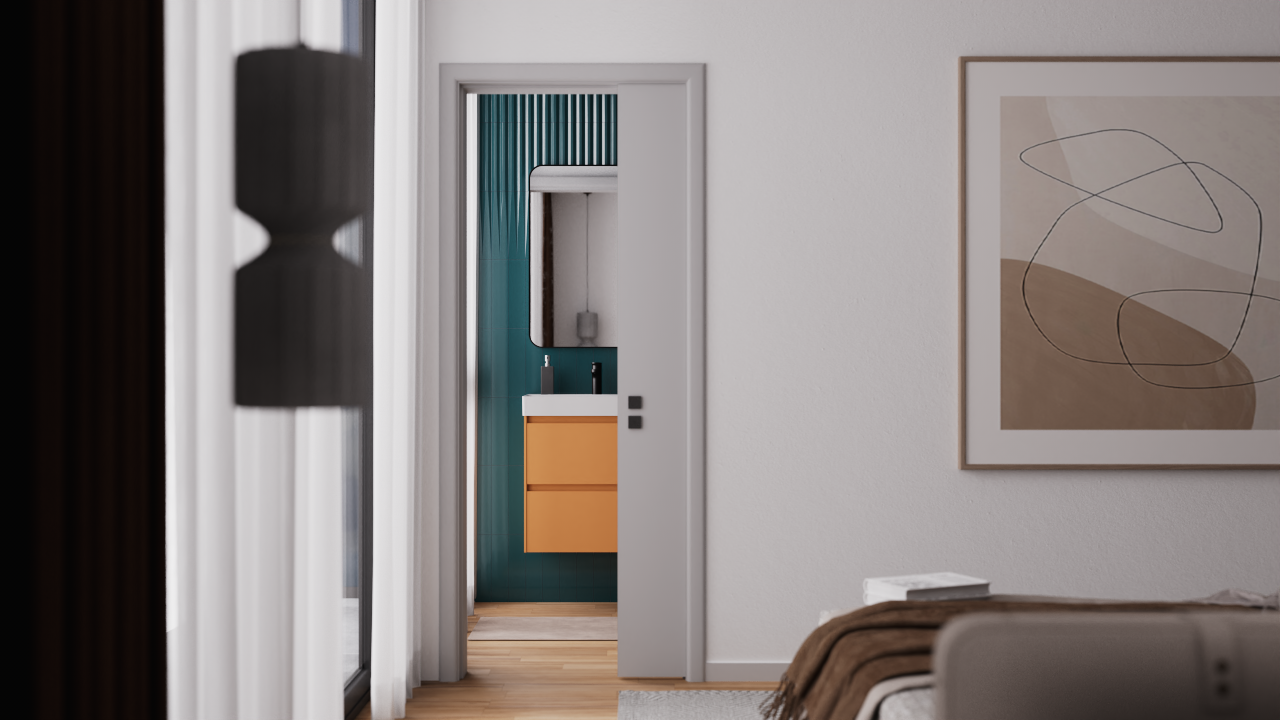 Vue de la chambre vers la salle de bains attenante avec porte à galandage, carrelage mural cannelé bleu pétrole et meuble vasque moutarde moderne.