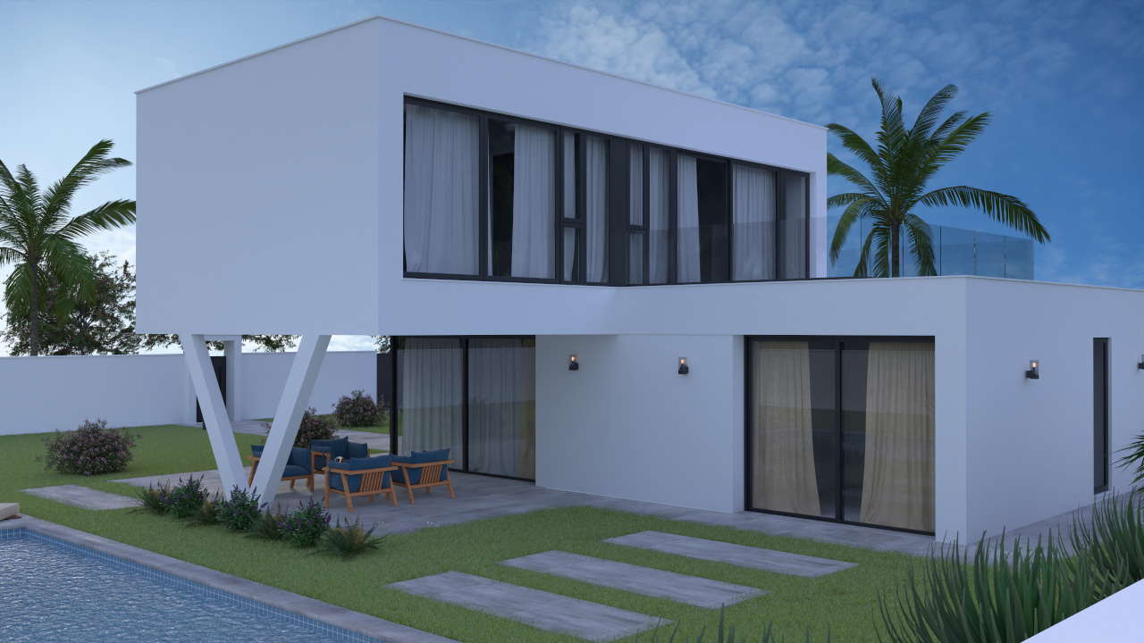 Vue extérieure de la villa Modèle C avec façade blanche, étage en porte-à-faux sur pilier en V, terrasse aménagée près de la piscine et grandes baies vitrées sombres.