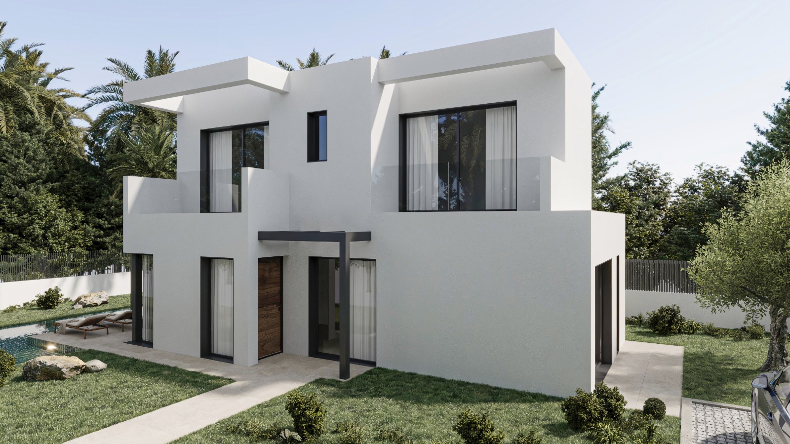 Façade extérieure du Modèle B au design cubique blanc, menuiseries noires, balcons avec garde-corps en verre et entrée principale sous une pergola moderne.