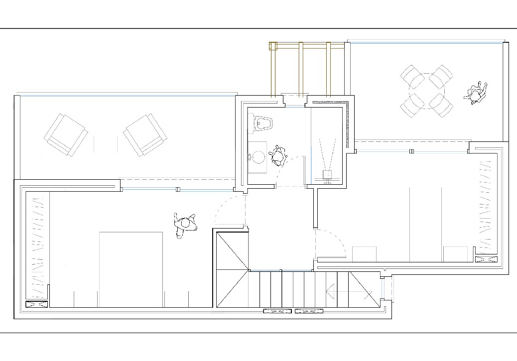 Plan de l'étage supérieur présentant deux chambres doubles avec placards intégrés, une salle de bain commune et l'accès direct à de grandes terrasses privées.