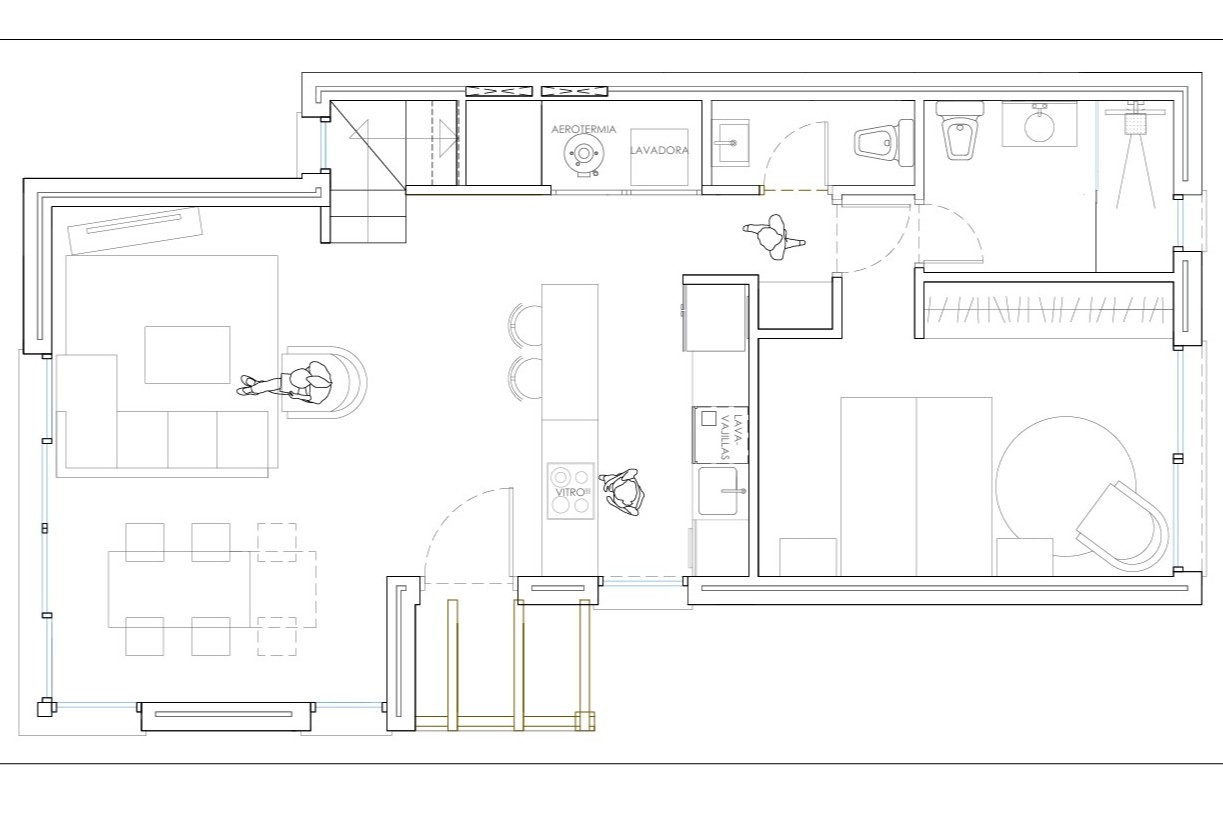 Plan technique du rez-de-chaussée détaillant le séjour, la cuisine avec îlot central, l'espace buanderie-aérothermie et une chambre avec salle de bain attenante.