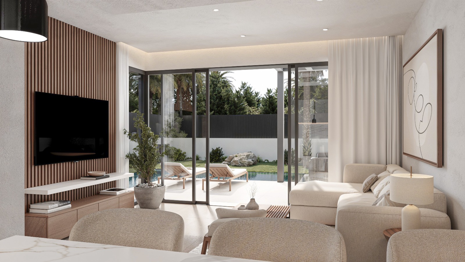 Salon contemporain avec mur en tasseaux de bois, grandes baies vitrées donnant sur la piscine et mobilier épuré aux tons naturels et apaisants.