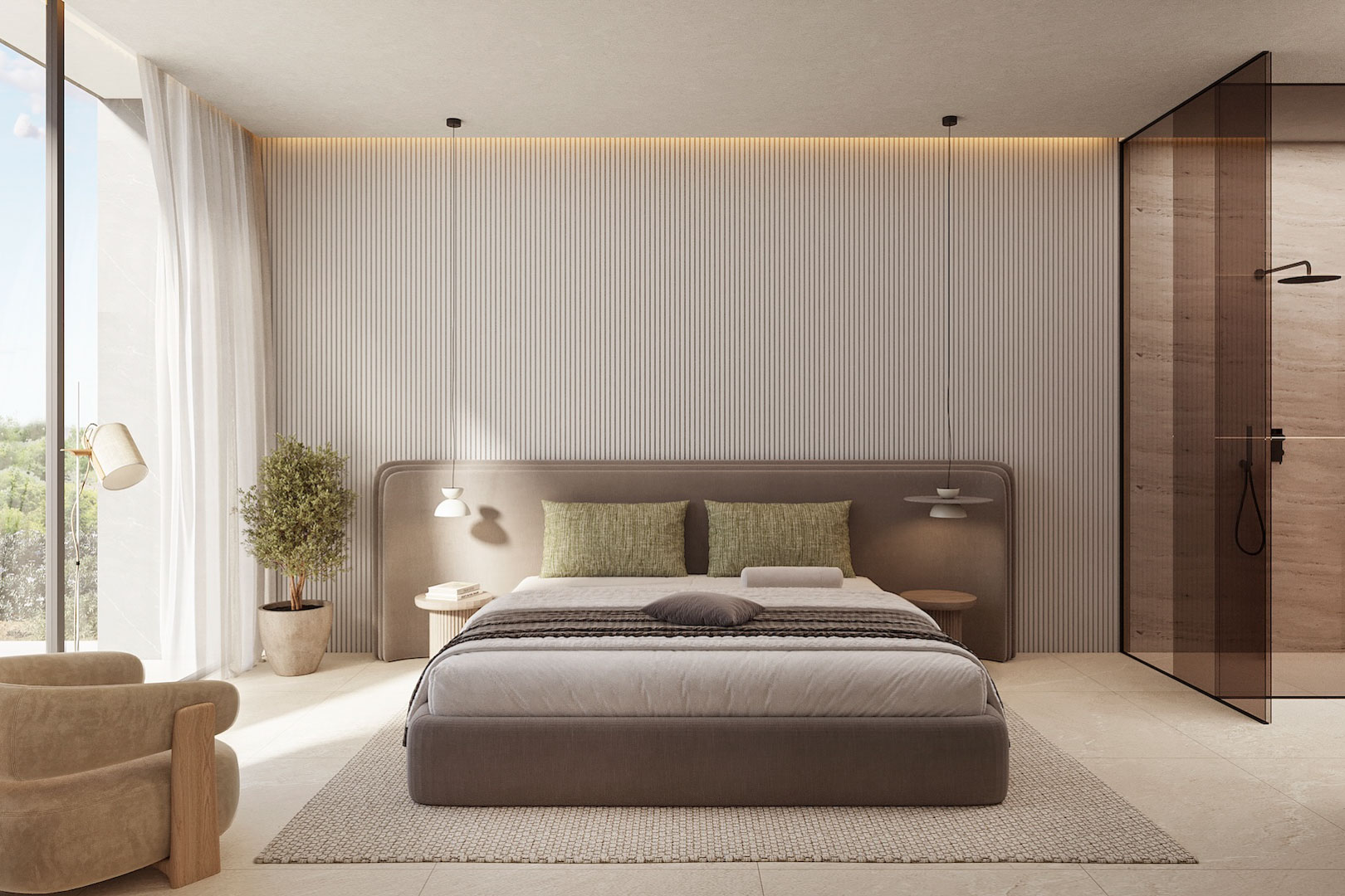 Chambre principale avec panneau mural à lattes verticales, éclairage LED indirect et salle de bain intégrée avec paroi de douche en verre fumé.