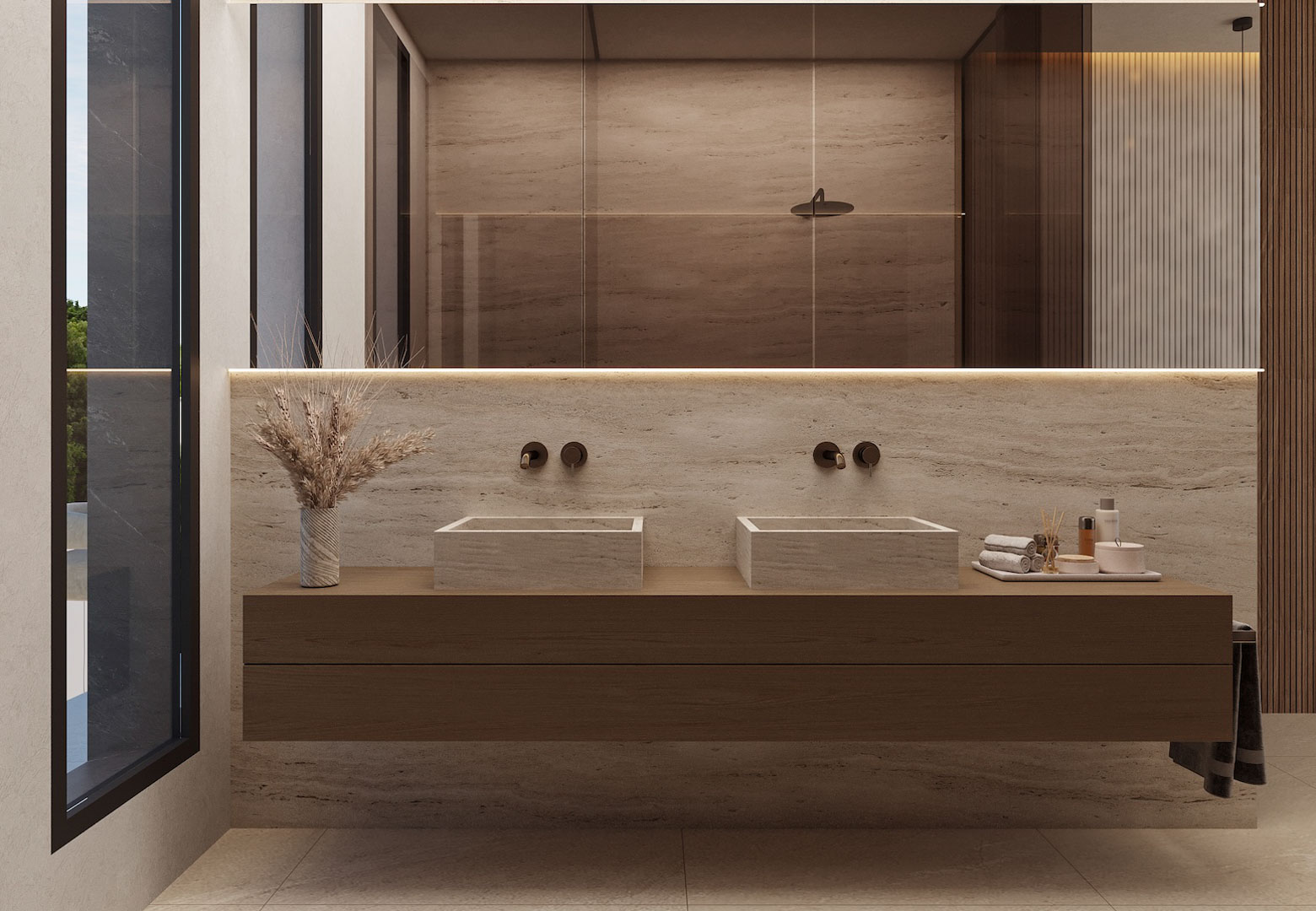 Salle de bain moderne avec double vasque en pierre sur meuble suspendu en bois. Comprend une robinetterie encastrée, un miroir rétroéclairé et des finitions en travertin.