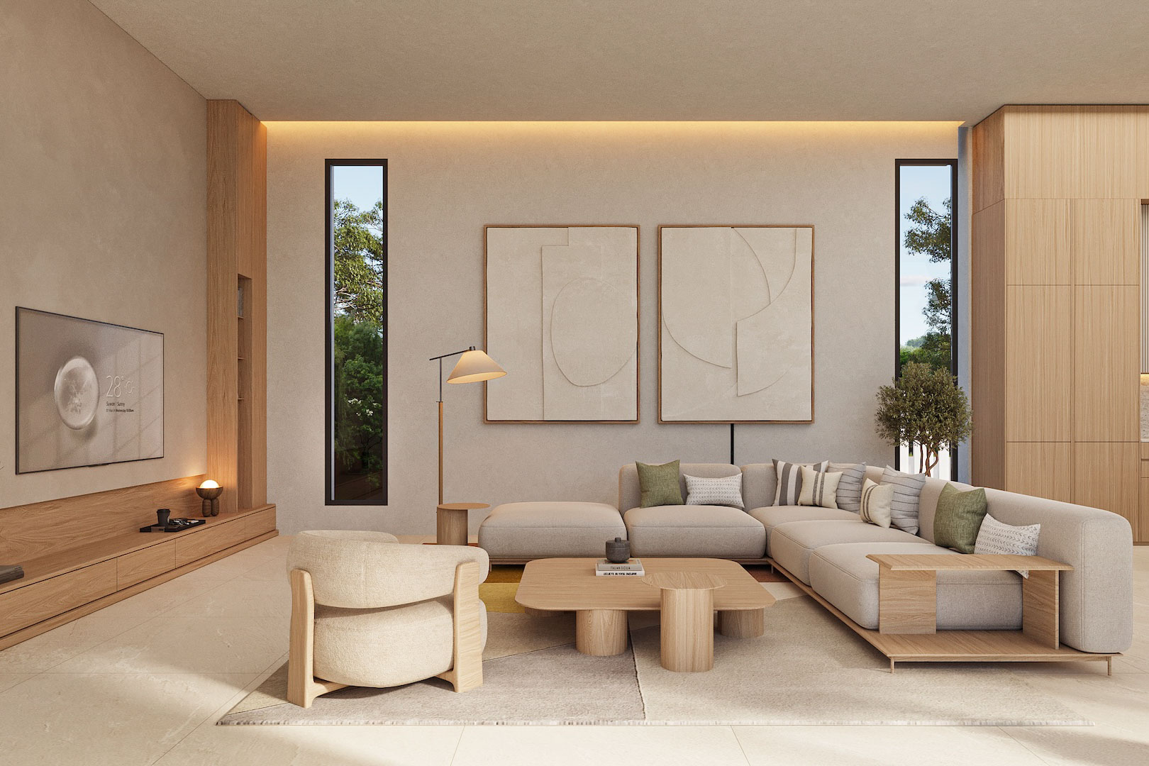 Salon minimaliste avec mobilier aux tons neutres, boiseries en chêne et fenêtres verticales. L'éclairage indirect souligne les œuvres d'art murales et l'atmosphère sereine de la pièce.