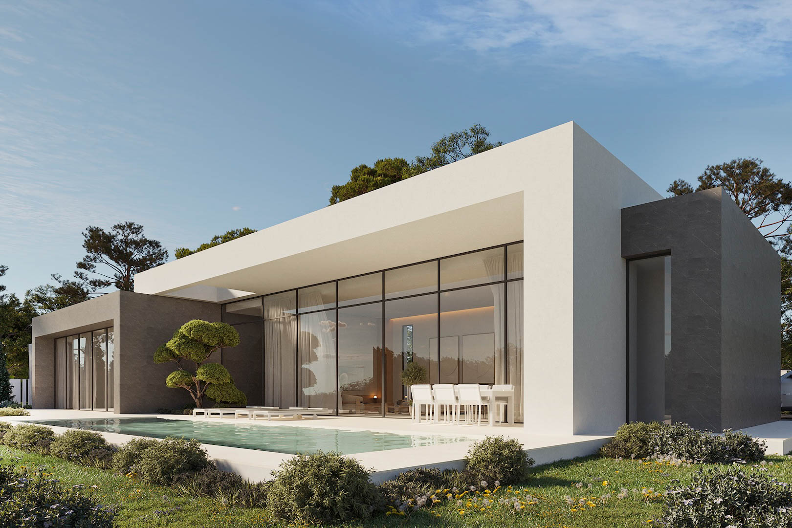 Villa contemporaine de plain-pied avec baies vitrées toute hauteur, piscine rectangulaire et terrasse couverte alliant façades blanches et parements en pierre grise.