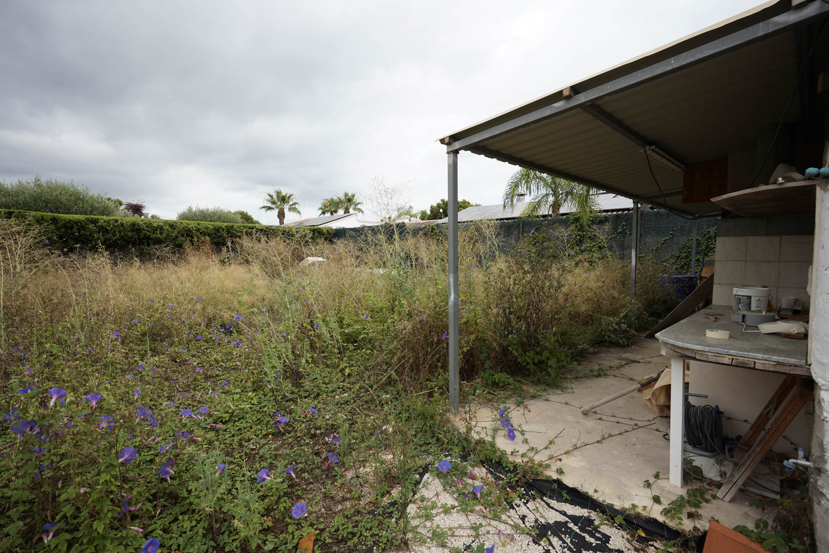 Zone utilitaire extérieure avec auvent métallique et plan de travail, située sur un vaste terrain plat avec végétation naturelle et haies.