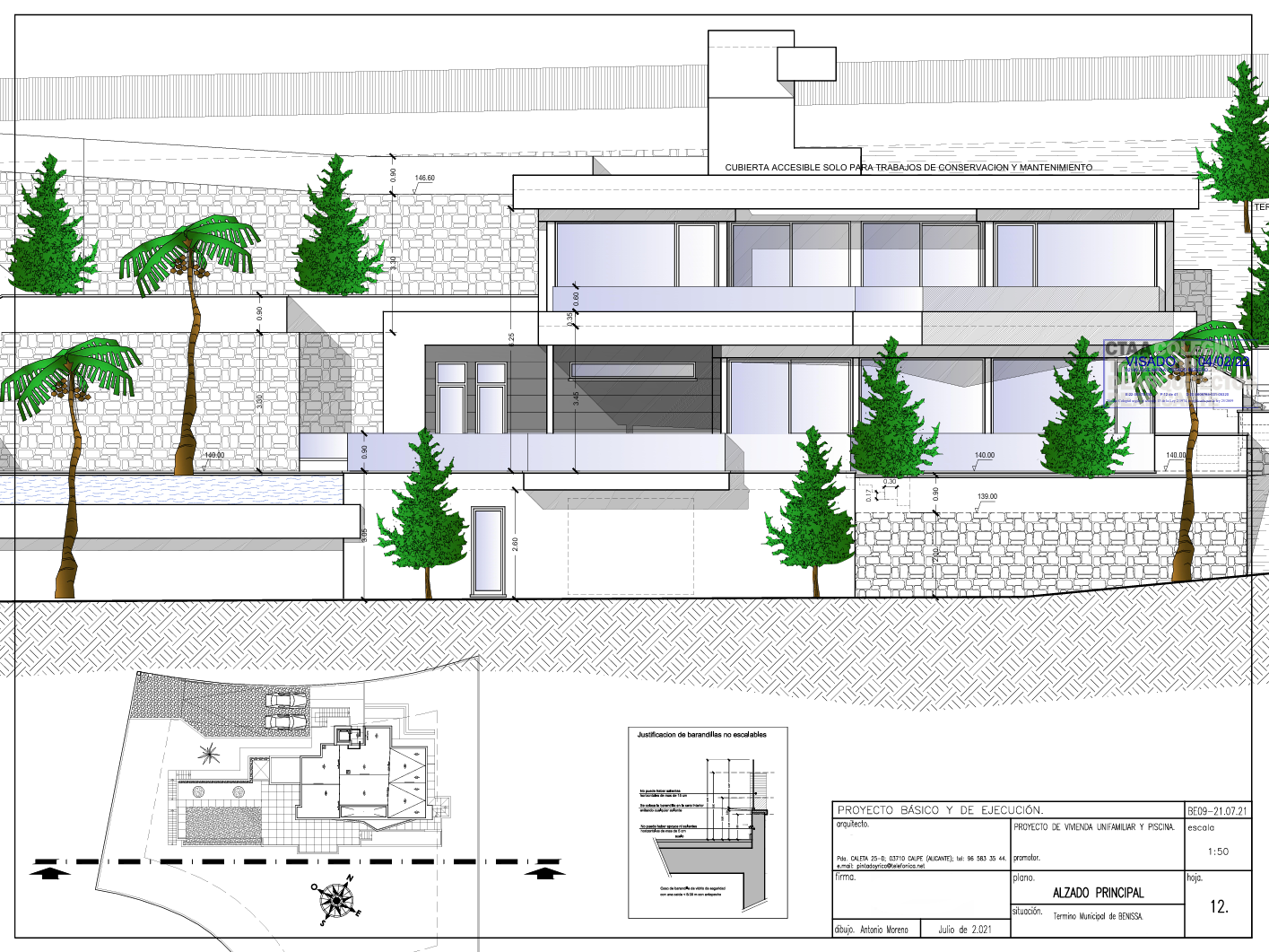 Plan technique de l'élévation principale illustrant l'architecture moderne à plusieurs niveaux, les grandes baies vitrées et les détails des murs en pierre naturelle.
