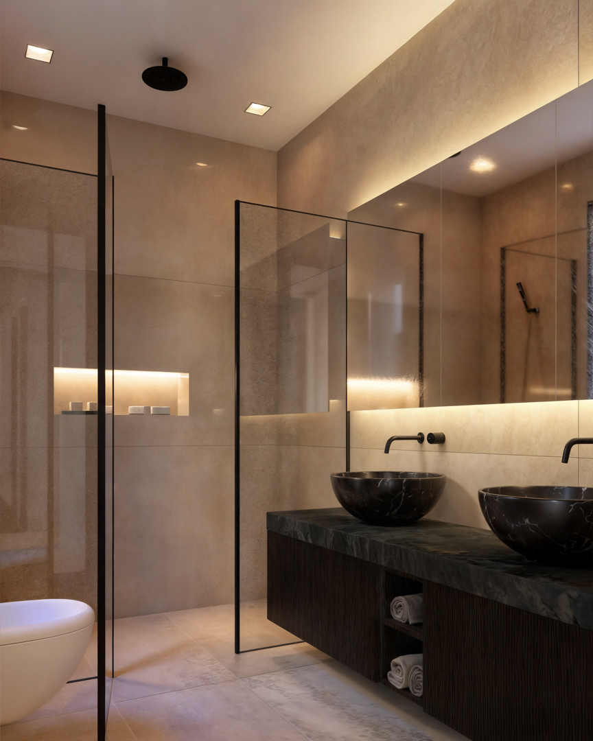 Salle de bains moderne avec double vasque en marbre noir sur meuble suspendu. Douche à l'italienne avec parois vitrées, robinetterie noire mate et éclairage LED intégré.
