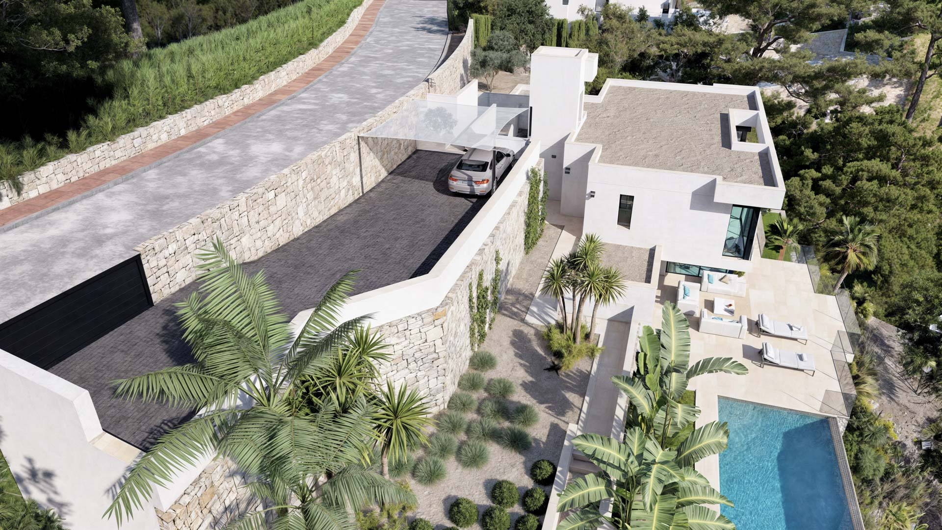 Vue aérienne de l'entrée principale avec murs en pierre sèche, parking ombragé et agencement en terrasses menant à la piscine et aux jardins méditerranéens.