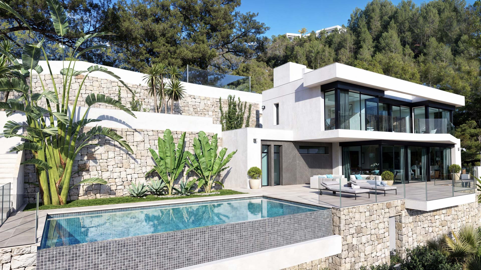 Vue extérieure de la villa avec piscine à débordement, murs en pierre naturelle et terrasses vitrées intégrées dans le paysage forestier de Benissa.