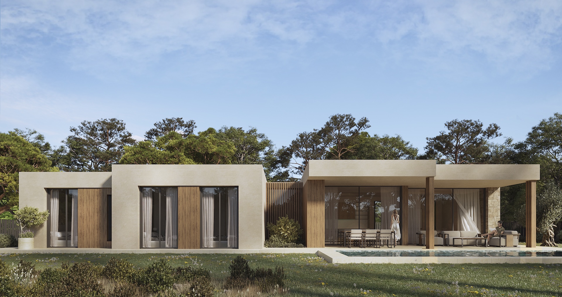 Façade moderne de plain-pied avec finitions en bois et pierre naturelle, comprenant une terrasse couverte spacieuse face à la piscine privée et au jardin.