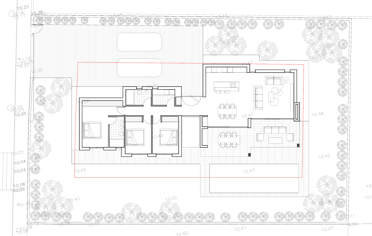 Plan technique de la villa détaillant l'aménagement des trois chambres, du séjour ouvert, des terrasses, de la piscine et du parking privé.
