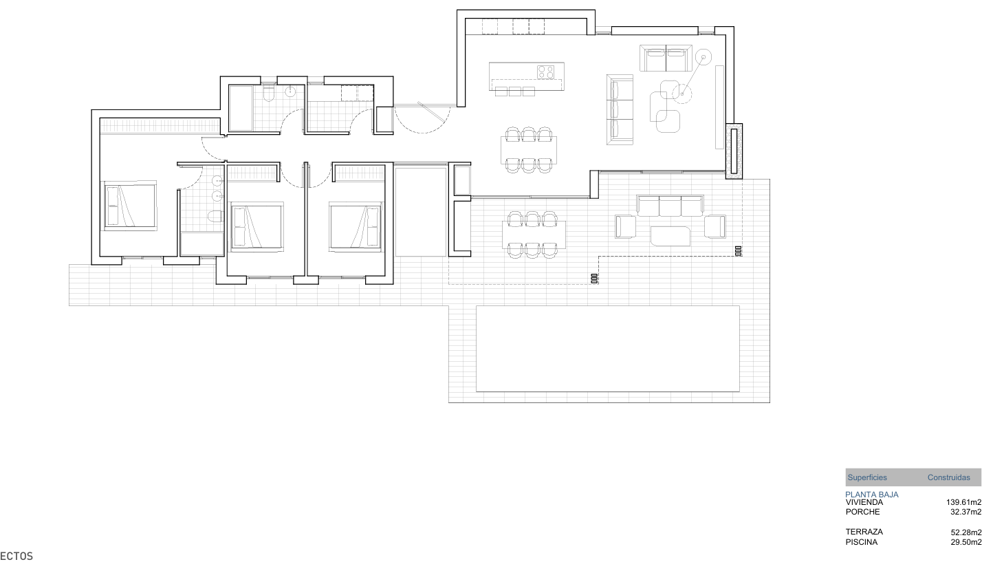 Plan technique du rez-de-chaussée détaillant la disposition des trois chambres, deux salles de bains, cuisine ouverte et l'espace extérieur avec porche et piscine.