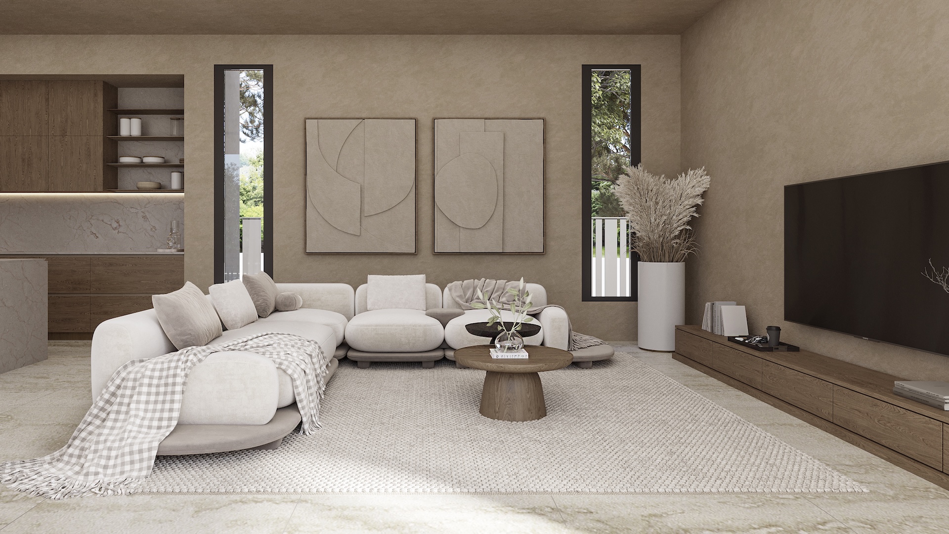 Salon à aire ouverte avec canapé modulaire, murs texturés aux tons naturels, art en relief et cuisine intégrée avec finitions en bois et marbre.