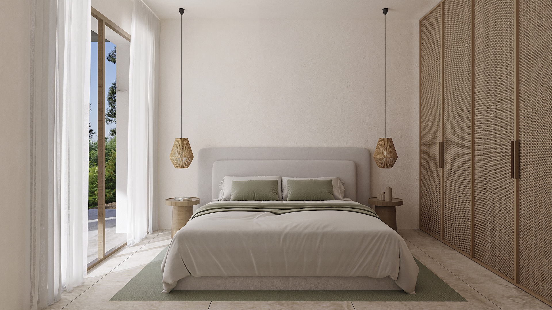 Chambre de style ibizien avec placards intégrés en fibres naturelles, suspensions en osier et grandes baies vitrées ouvrant directement sur l'extérieur.