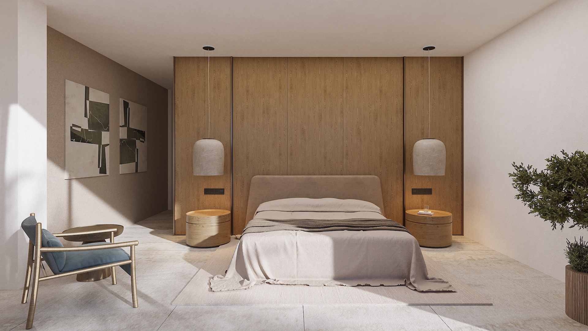 Chambre principale avec un mur en boiserie naturelle, luminaires suspendus design, tables de chevet circulaires et sol en pierre.
