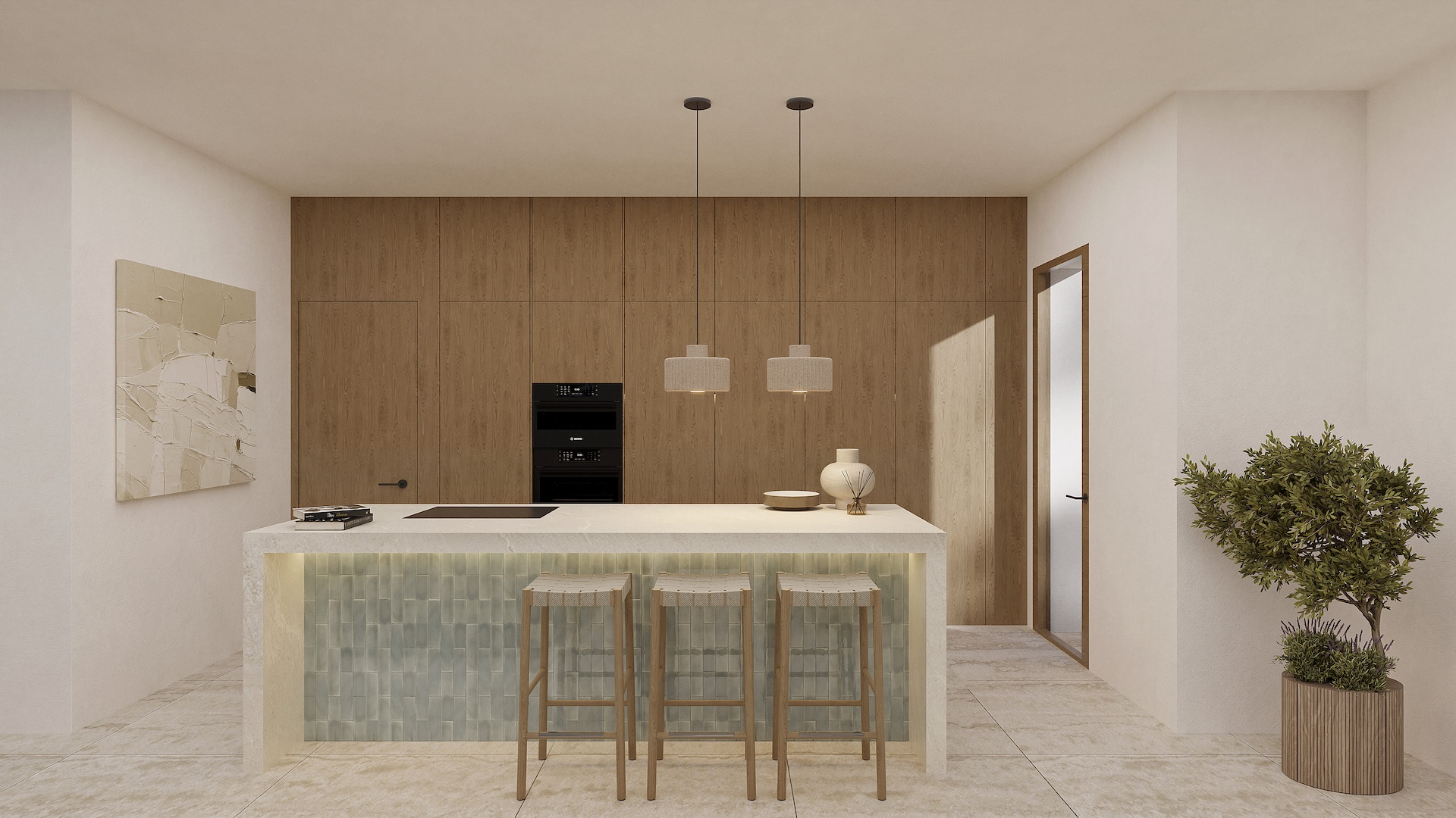 Cuisine de designer avec îlot central orné de carreaux, plan de travail en pierre blanche et tabourets en bois. Le mur de fond intègre des menuiseries en chêne et l'électroménager.