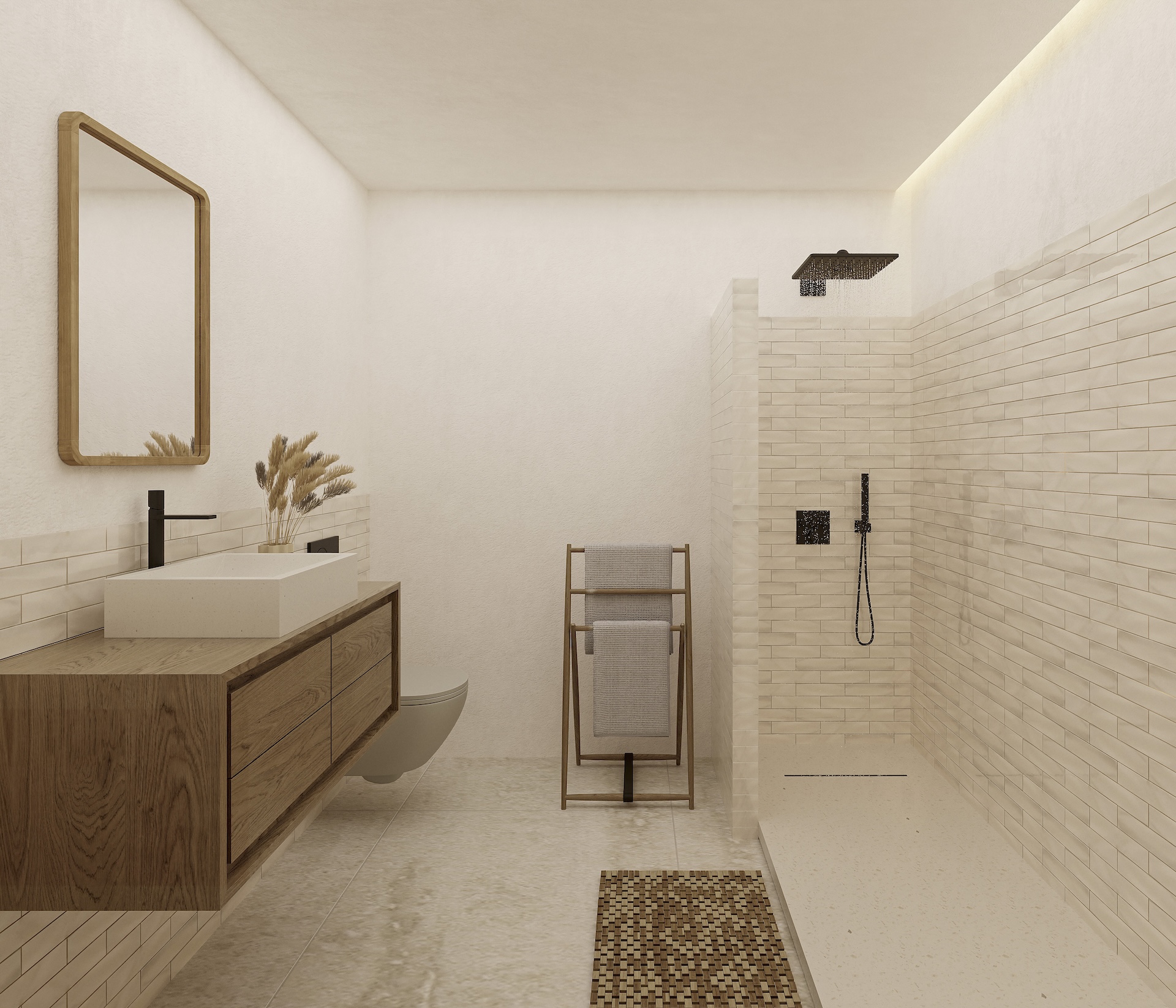 Salle de bain au style ibizien avec meuble en chêne suspendu, vasque à poser et douche à l'italienne avec robinetterie noire mate.
