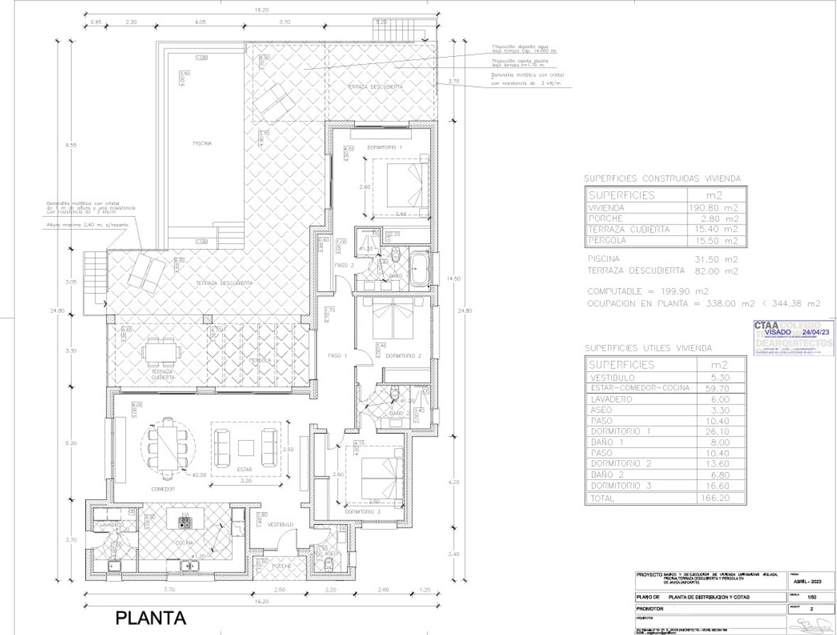 Plan architectural : agencement de la villa avec salon/salle à manger, cuisine, trois chambres, terrasses couvertes/découvertes et piscine.