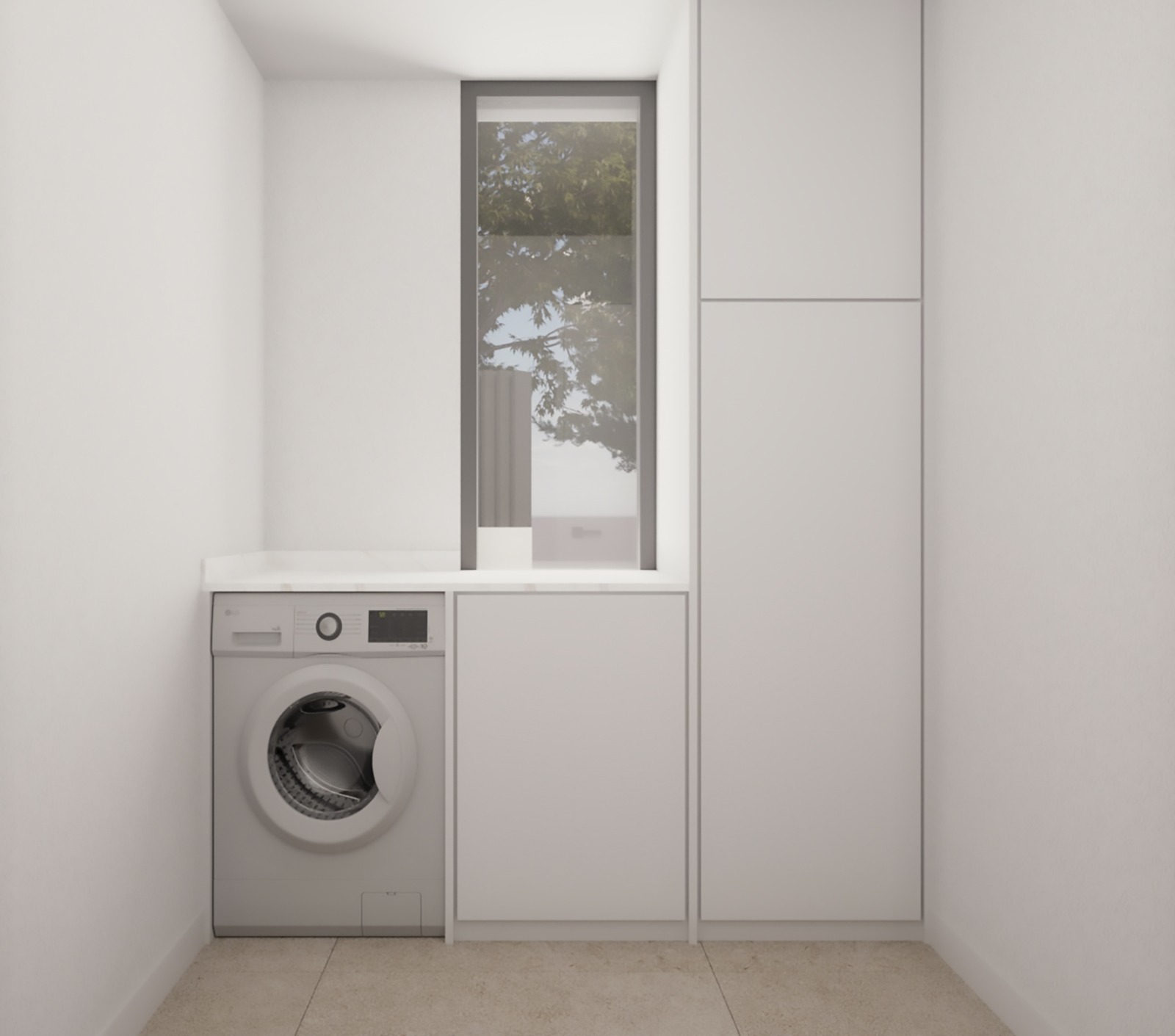 Buanderie fonctionnelle avec des armoires blanches minimalistes, une machine à laver intégrée et une fenêtre verticale offrant une lumière naturelle constante.