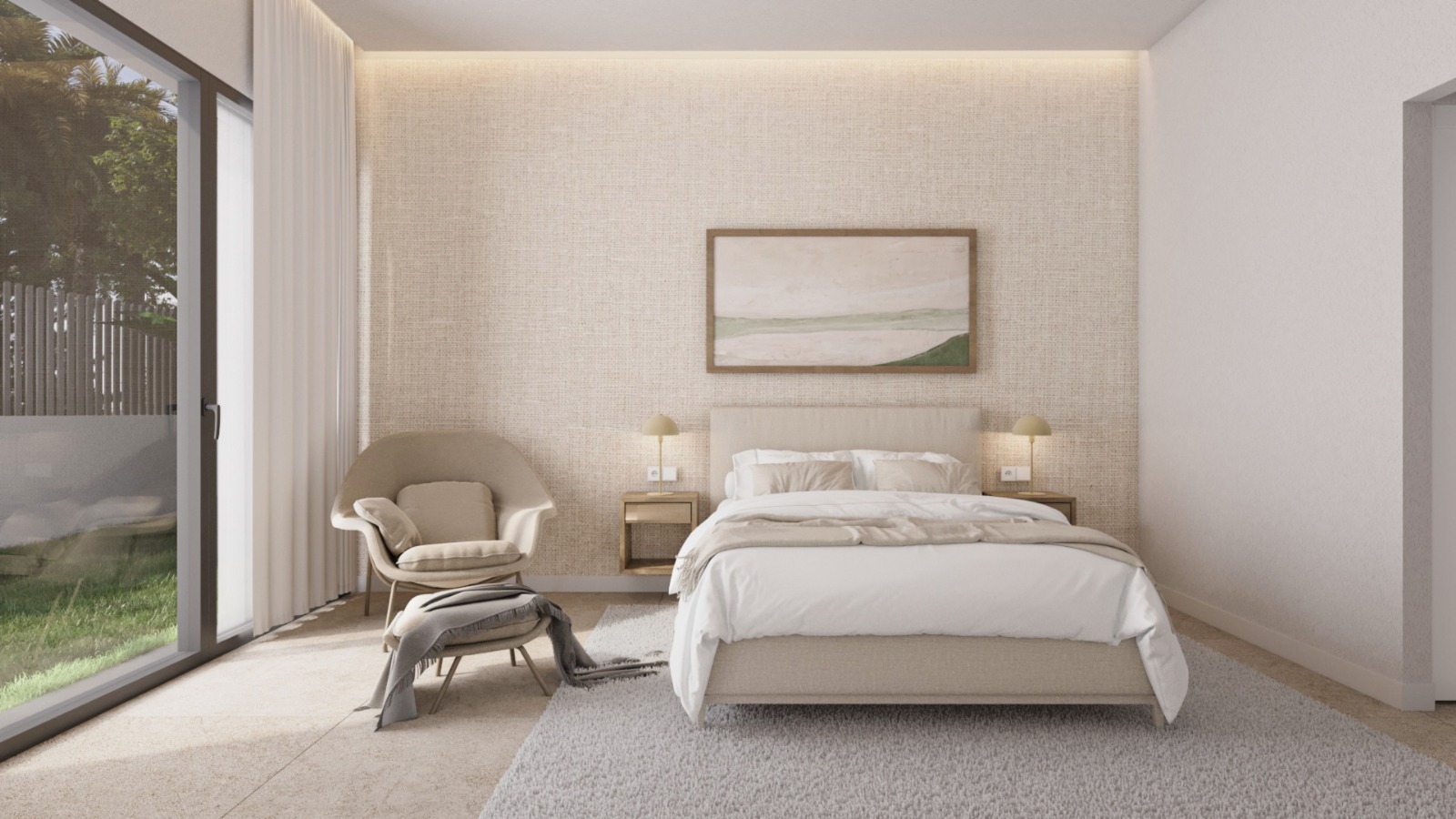 Chambre principale avec mur texturé, éclairage LED indirect et grande baie vitrée offrant un accès direct à l'extérieur.