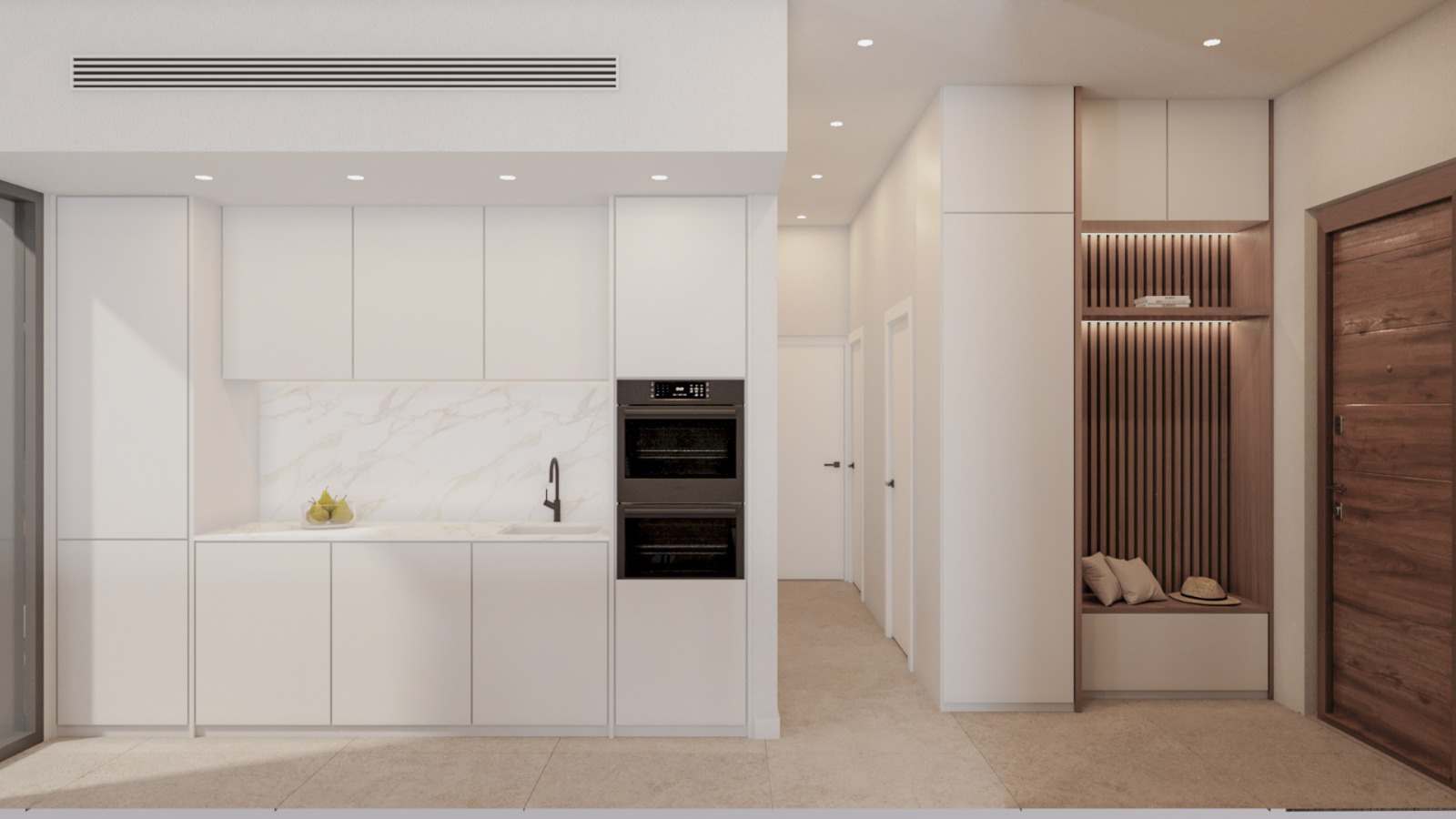 Cuisine minimaliste blanche avec électroménager encastré et plan de travail effet marbre, jouxtant une entrée avec banquette en bois intégrée.
