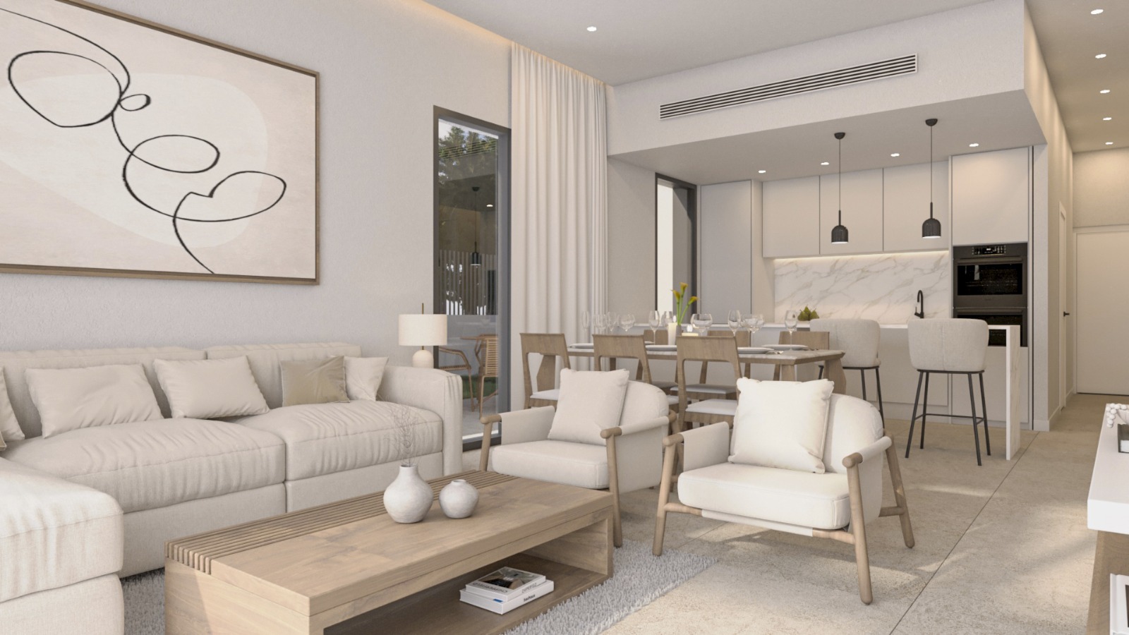 Espace de vie ouvert comprenant un salon minimaliste, une salle à manger en bois et une cuisine moderne avec crédence en marbre et éclairage encastré.
