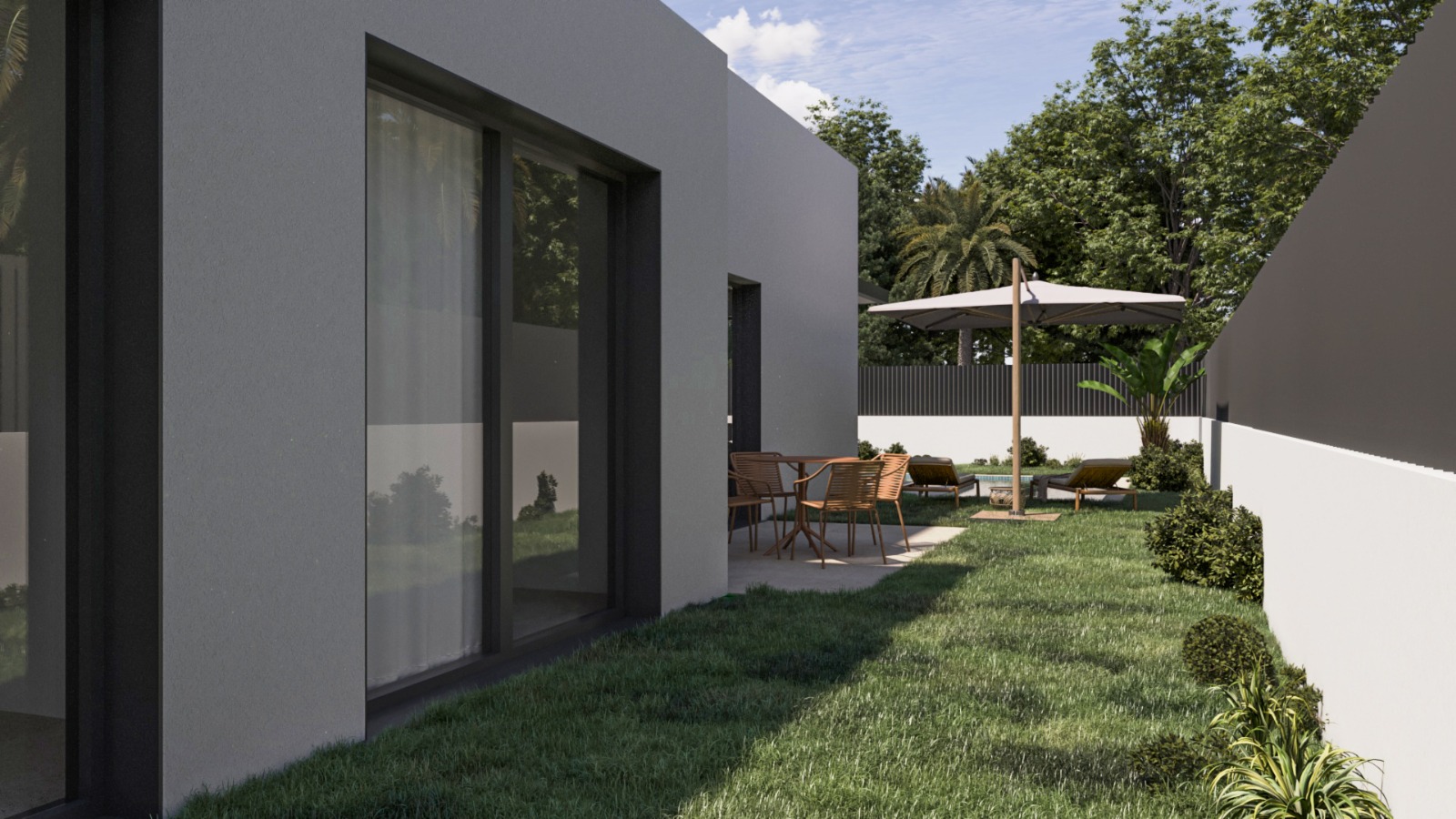 Extérieur de la villa avec façade minimaliste, grandes baies vitrées et jardin privé comprenant une terrasse pavée, un coin repas et des bains de soleil.